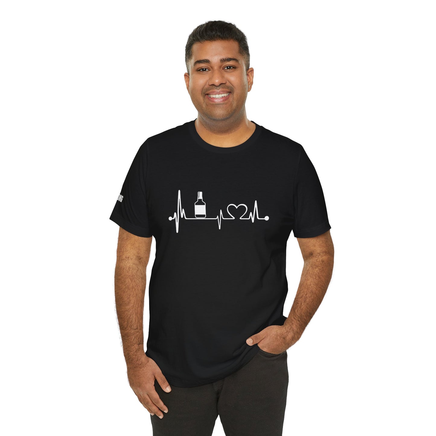 Model wearing the "Vodka Heartbeat" t-shirt, available in multiple colors and plus sizes, perfect for bartenders, drink lovers, and happy hour fans.