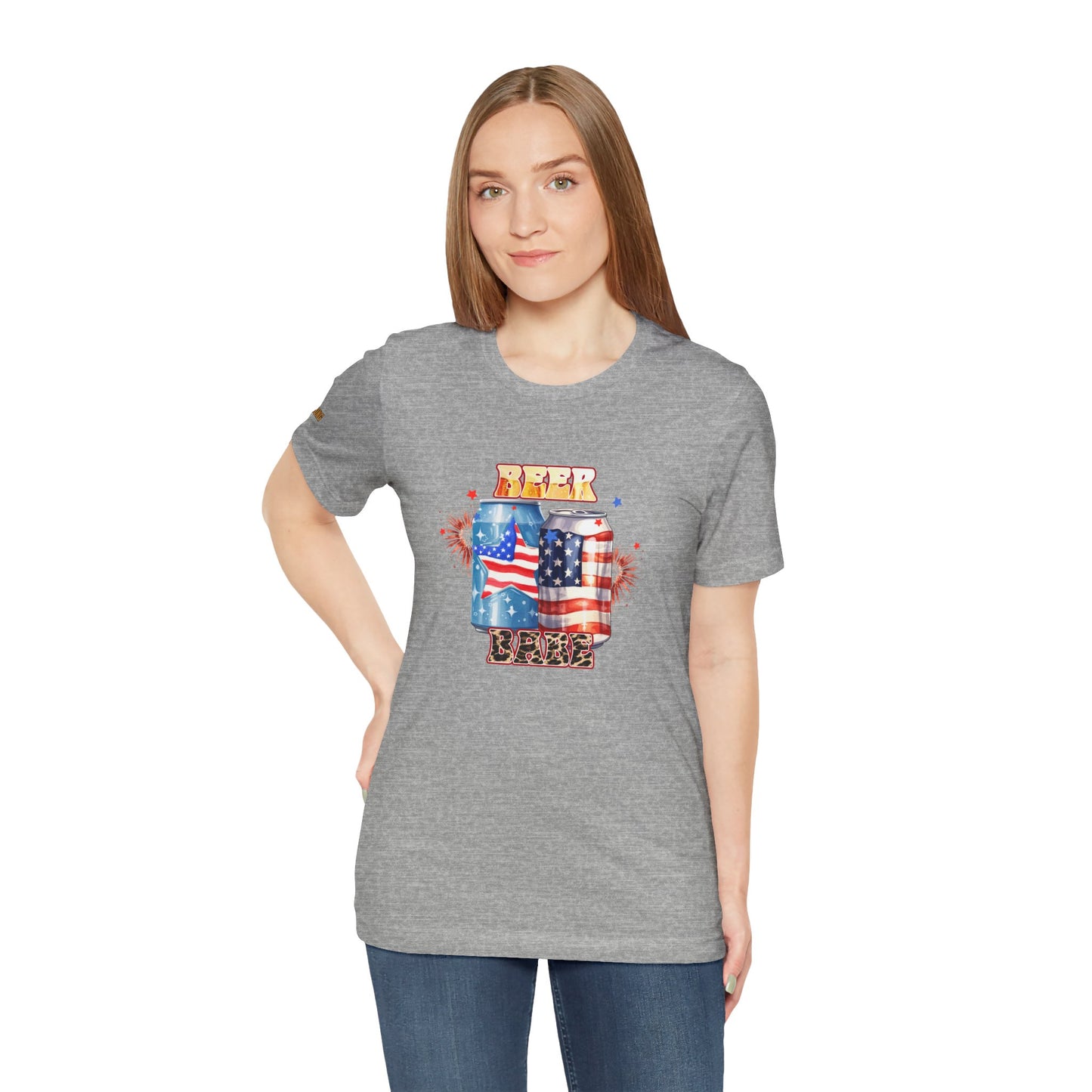 Funny 4th of July beer t-shirt for women featuring red, white & blue beer cans, fireworks, and leopard print "Beer Babe" text – perfect for patriotic beer lovers. Here in Grey.