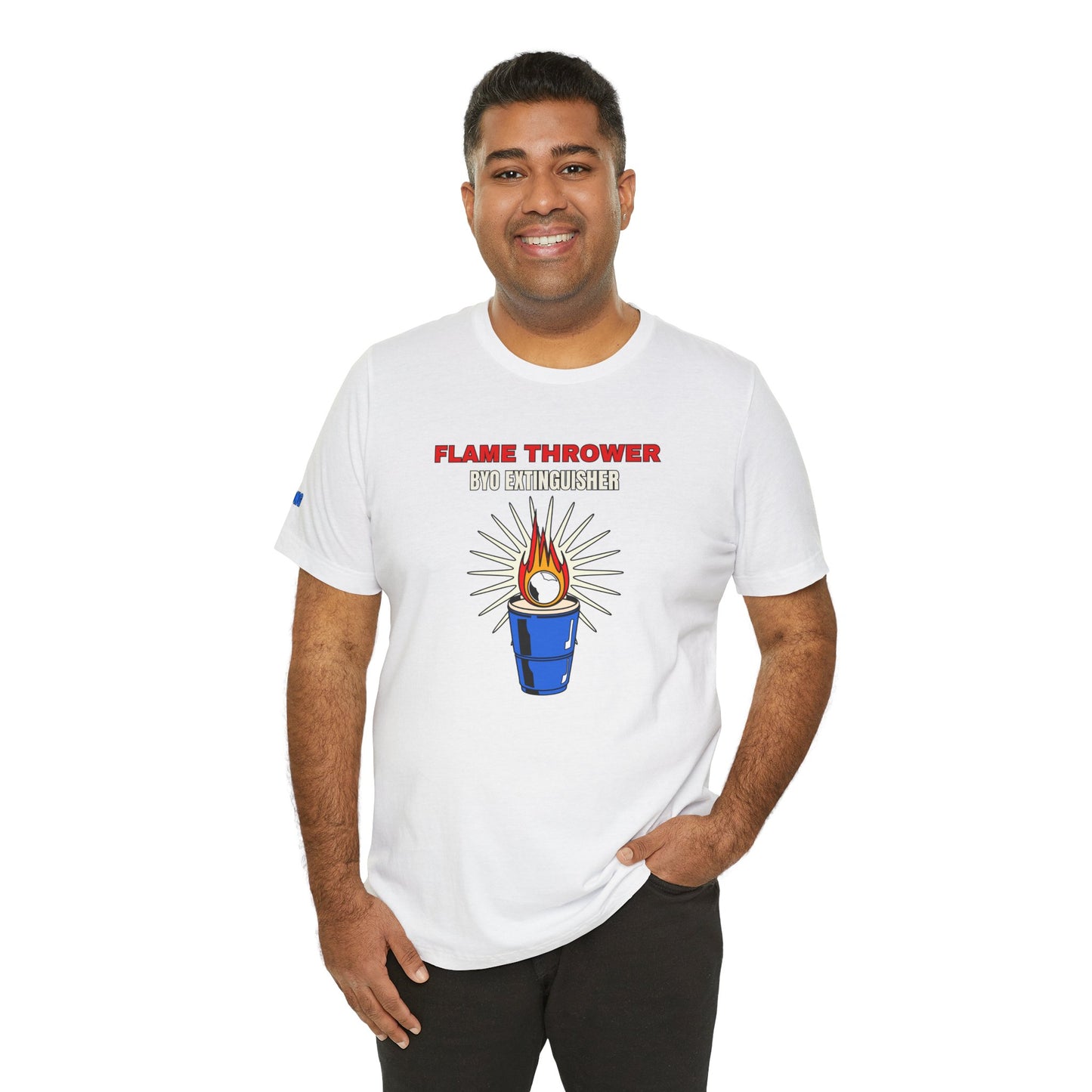 A flaming beer pong ball landing in a blue solo cup with the phrase "Flame Thrower β BYO Extinguisher" in bold lettering.