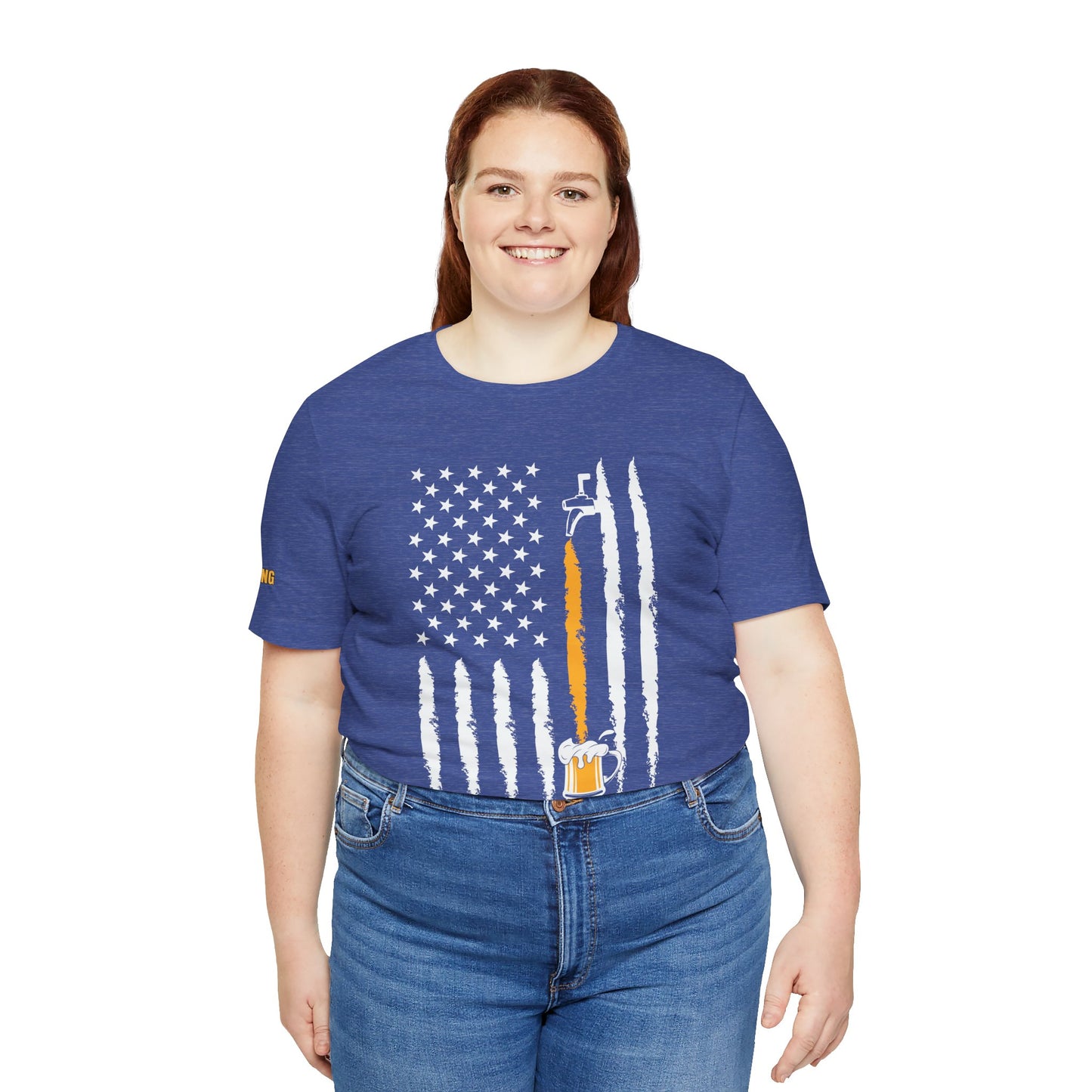 American flag beer design featuring a tap pouring a golden stream into a frothy mug, symbolizing freedom and beer culture. Available in plus sizes.