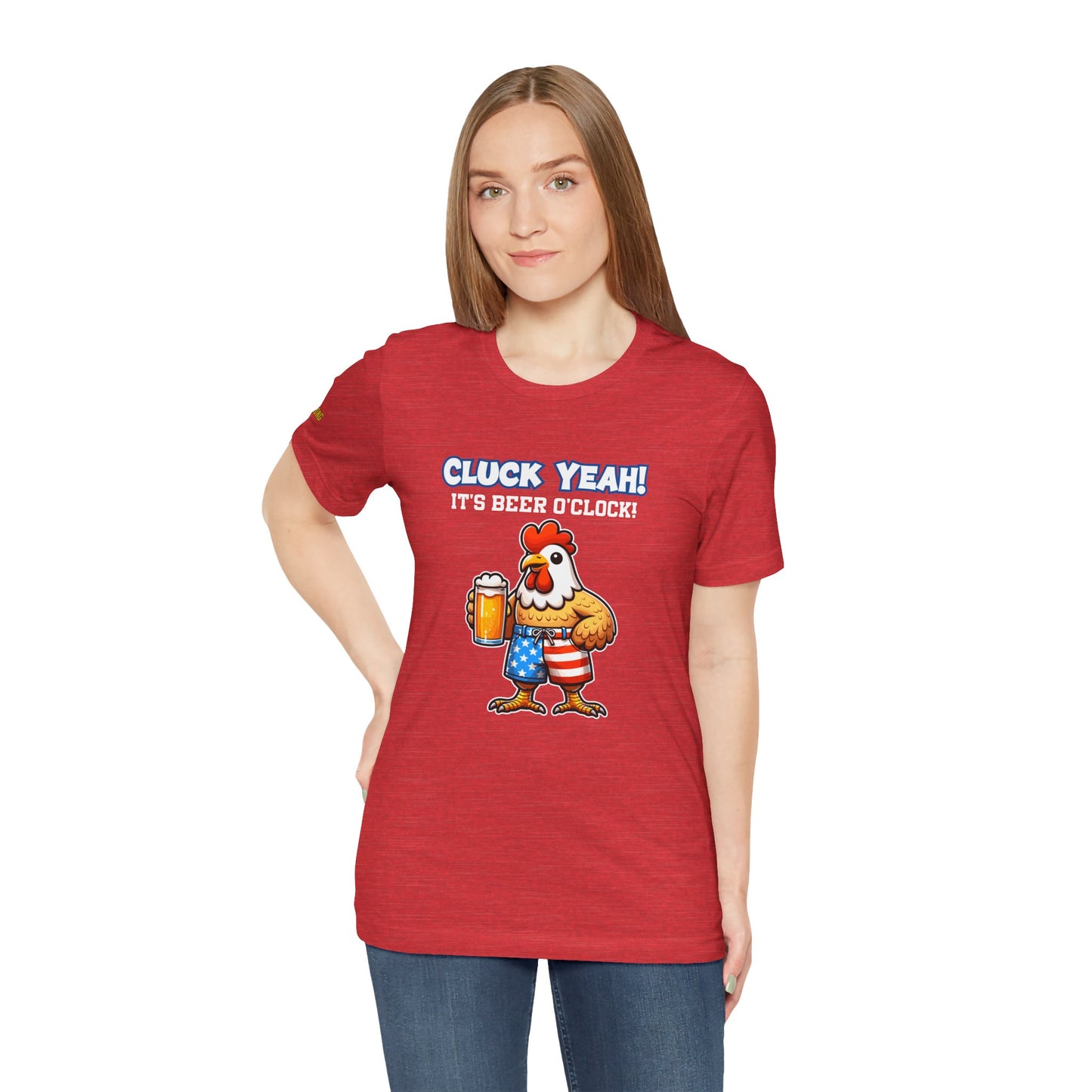 Funny 4th of July chicken drinking beer t-shirt with Cluck Yeah! It’s Beer O’Clock text. Patriotic beer lover shirt for BBQ, party, and drinking humor. In red.