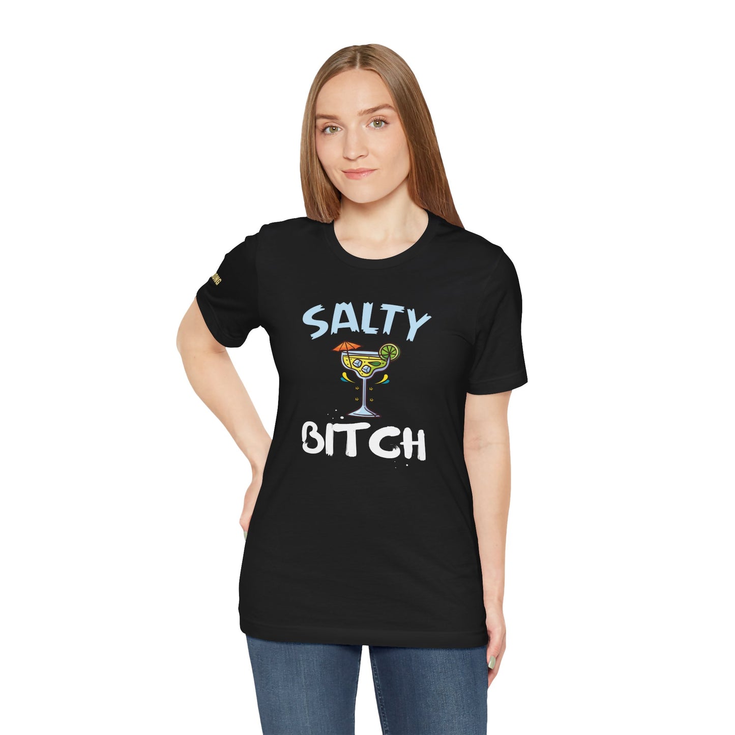 Model wearing the "Salty Bitch" t-shirt, available in multiple colors and plus sizes, ideal for margarita lovers and partygoers.