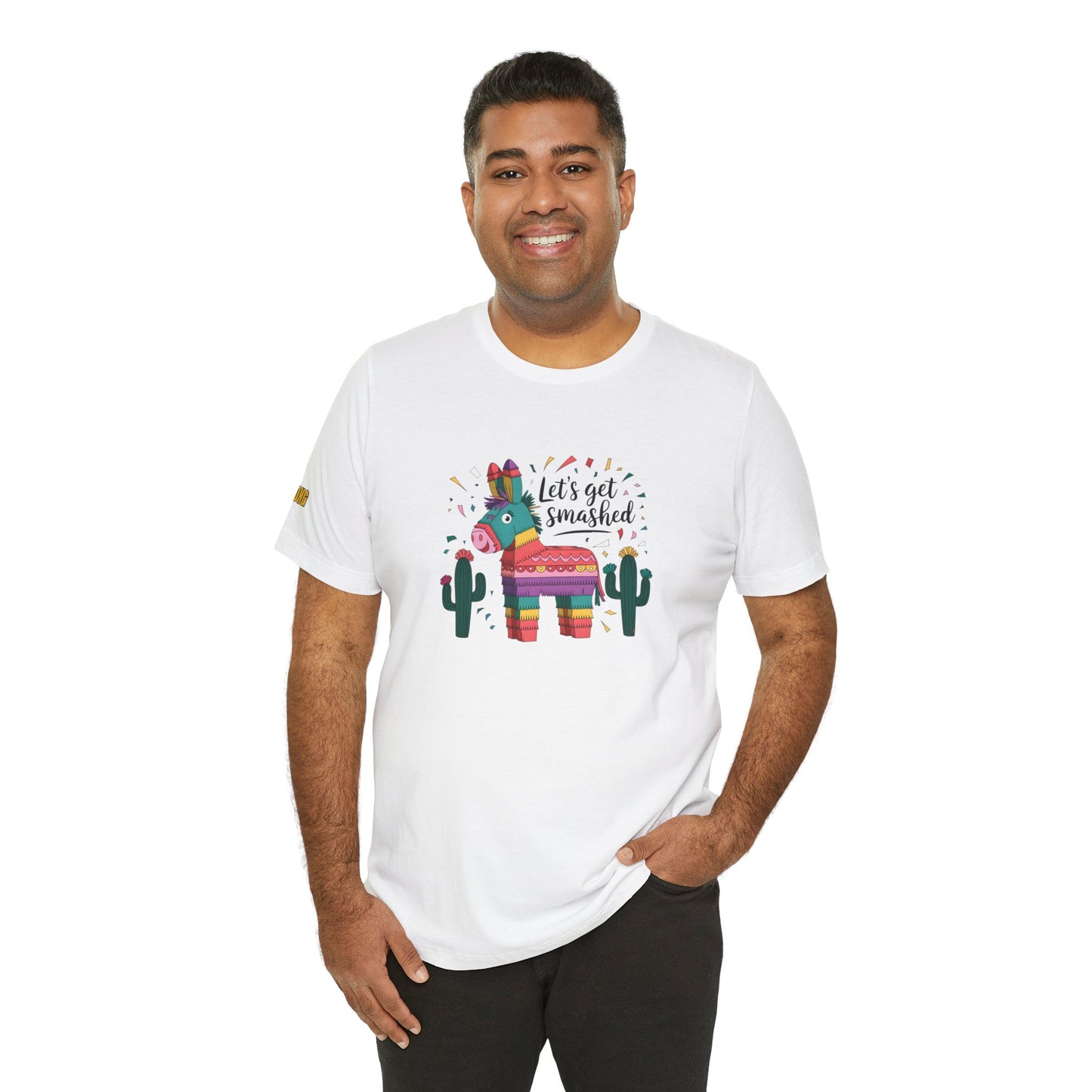A model wearing the "Let's Get Smashed" design, available in multiple colors and plus sizes.
