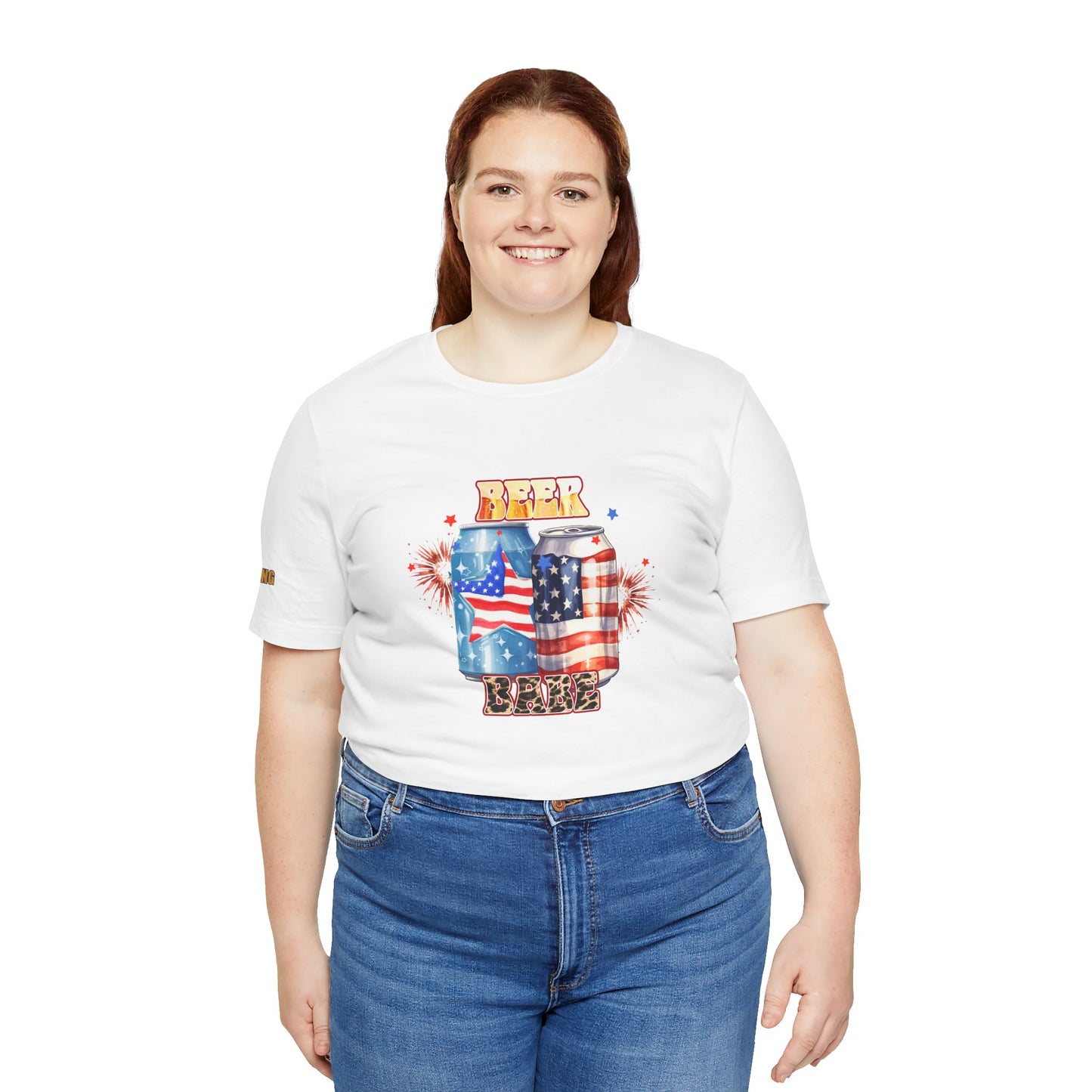 Funny 4th of July beer t-shirt for women featuring red, white & blue beer cans, fireworks, and leopard print "Beer Babe" text – perfect for patriotic beer lovers. Available in plus sizes.