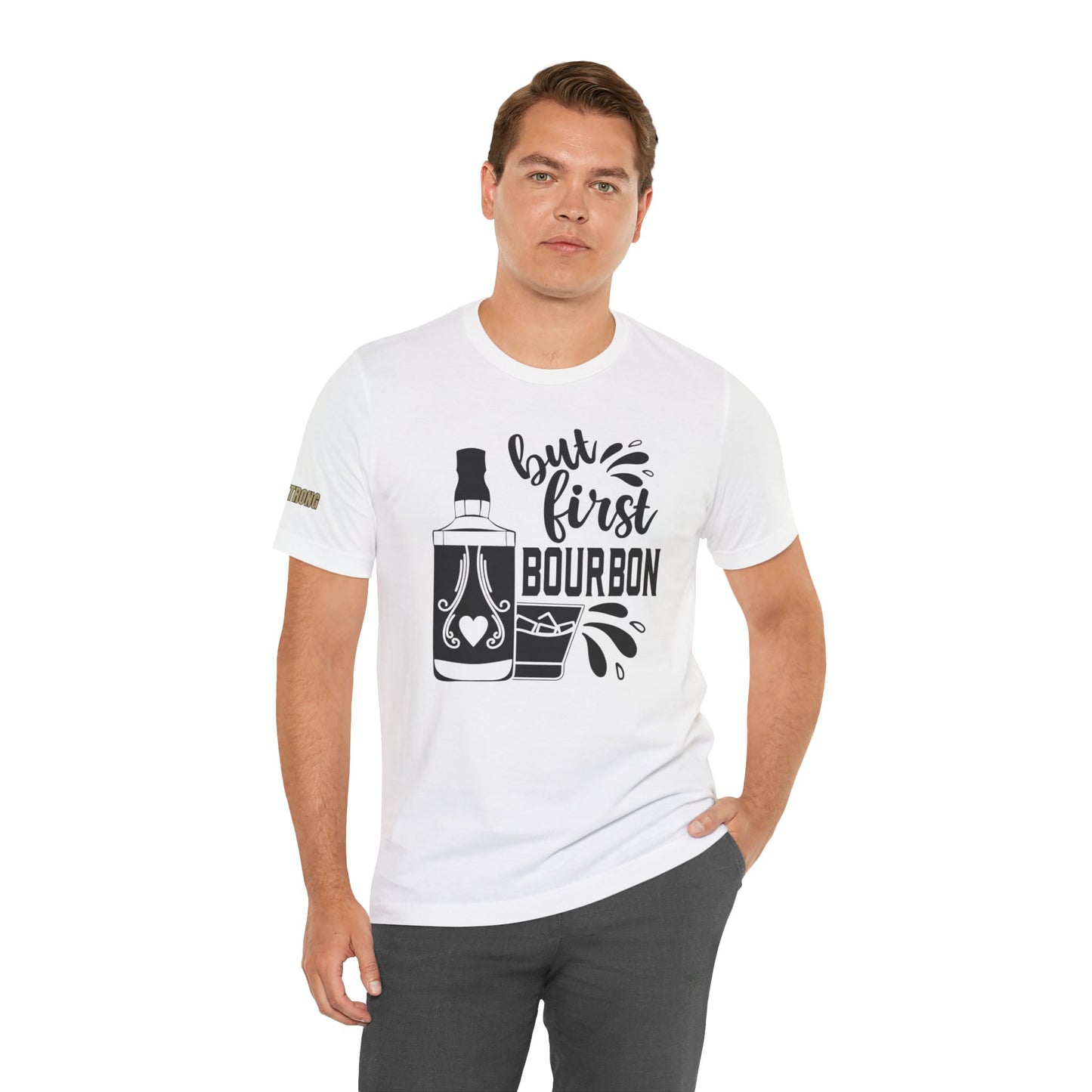 Black and white bourbon-themed design featuring a whiskey bottle, rocks glass, and the phrase "But First, Bourbon" in stylish lettering. Available in plus sizes.