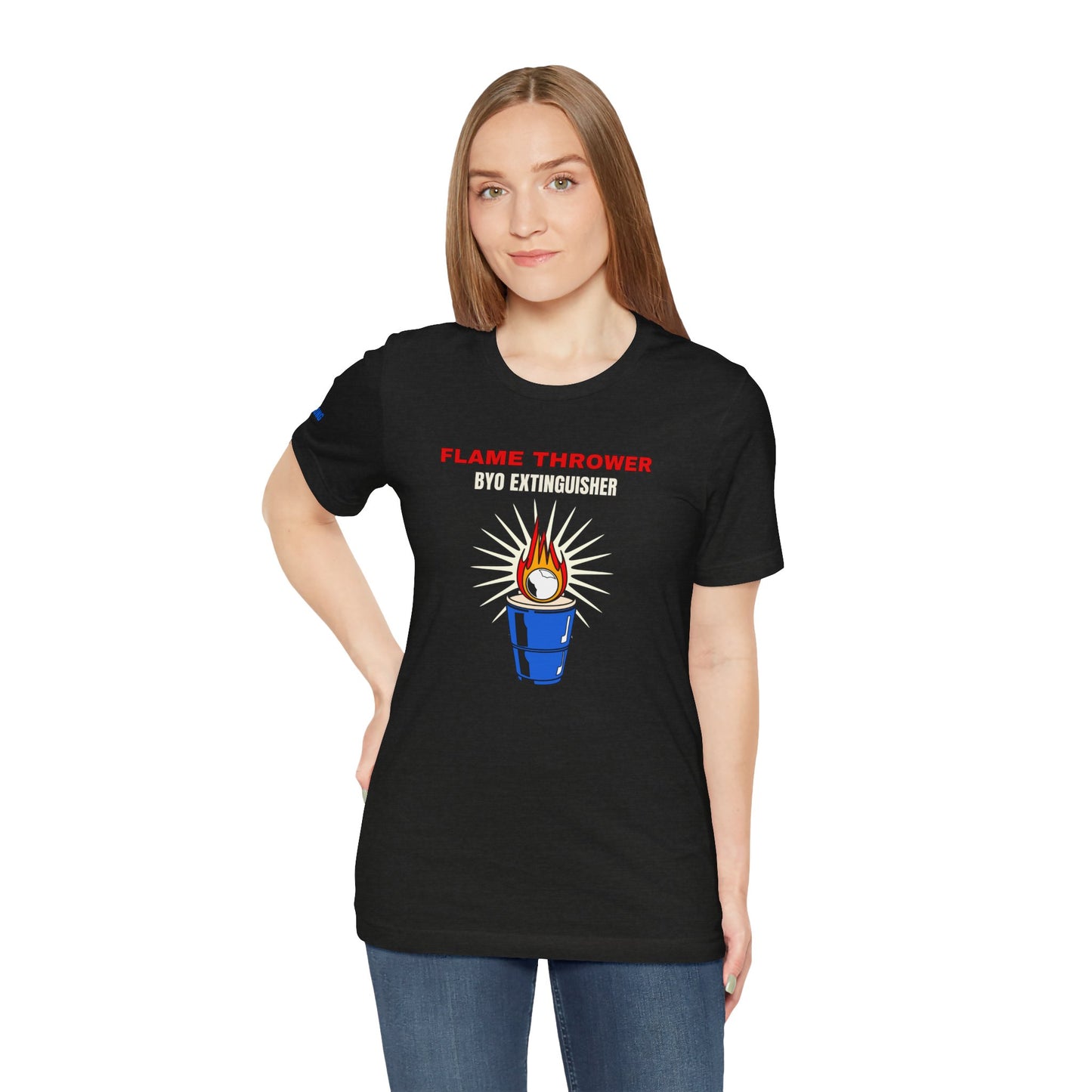 A flaming beer pong ball landing in a blue solo cup with the phrase "Flame Thrower β BYO Extinguisher" in bold lettering.