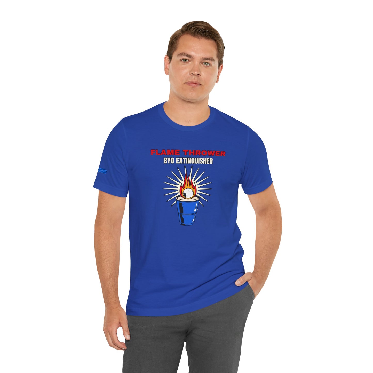 A flaming beer pong ball landing in a blue solo cup with the phrase "Flame Thrower β BYO Extinguisher" in bold lettering.
