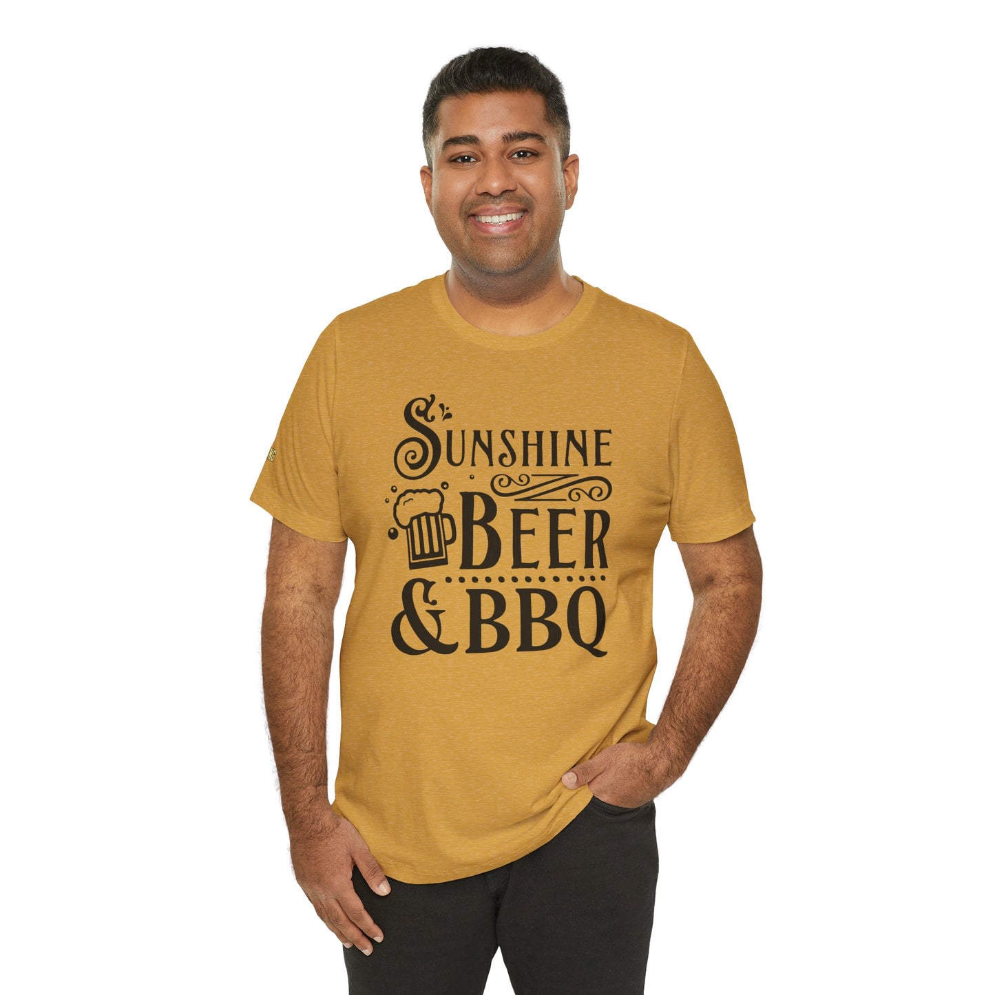 T-shirt design featuring "Sunshine, Beer & BBQ" text with a beer mug and decorative typography, perfect for BBQ and beer lovers.