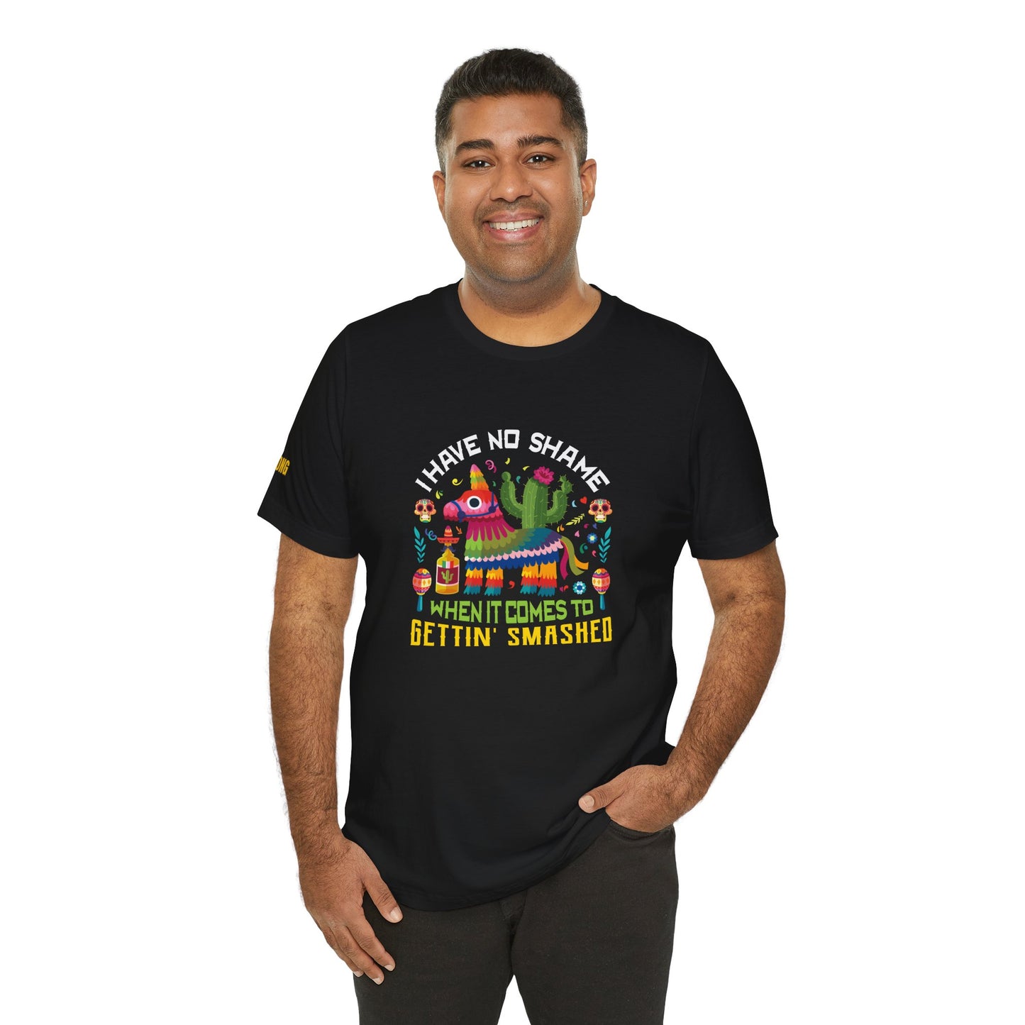 Model wearing a festive Cinco de Mayo-themed t-shirt, available in multiple colors and plus sizes.