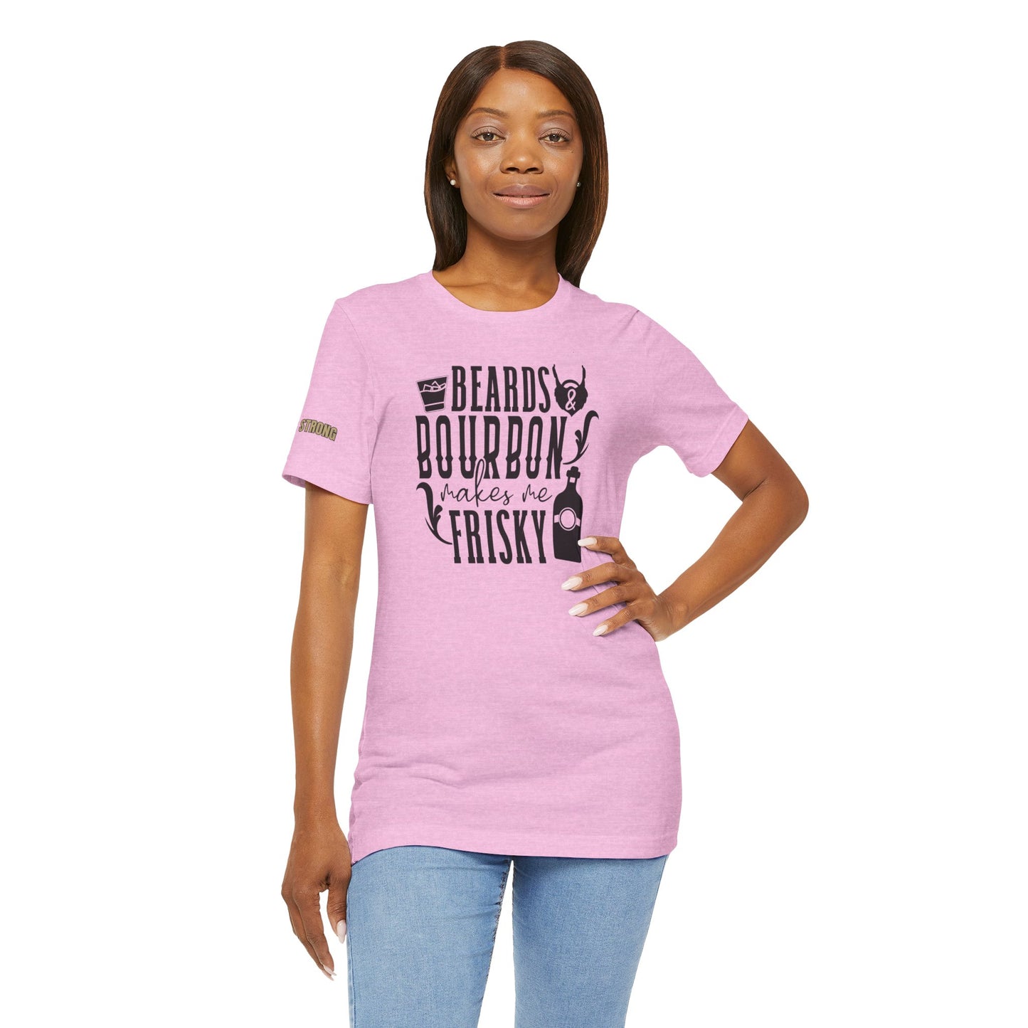Beards and Bourbon Makes Me Frisky humorous graphic t-shirt featuring beard, bourbon bottle, and whiskey glass design. Shown in pink; available in many colors and plus sizes.