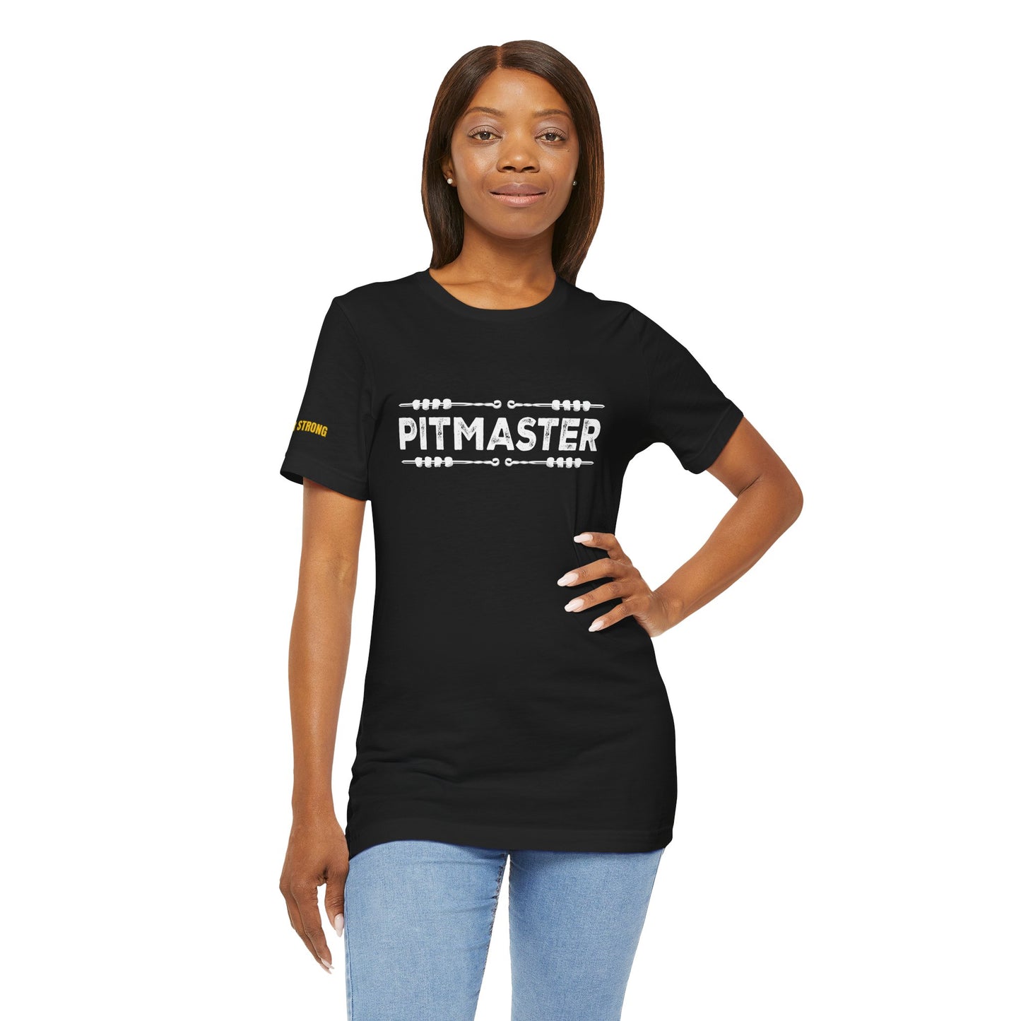 A bold Pitmaster BBQ t-shirt design featuring distressed lettering and skewers, perfect for grill masters, BBQ lovers, and smokehouse pros.