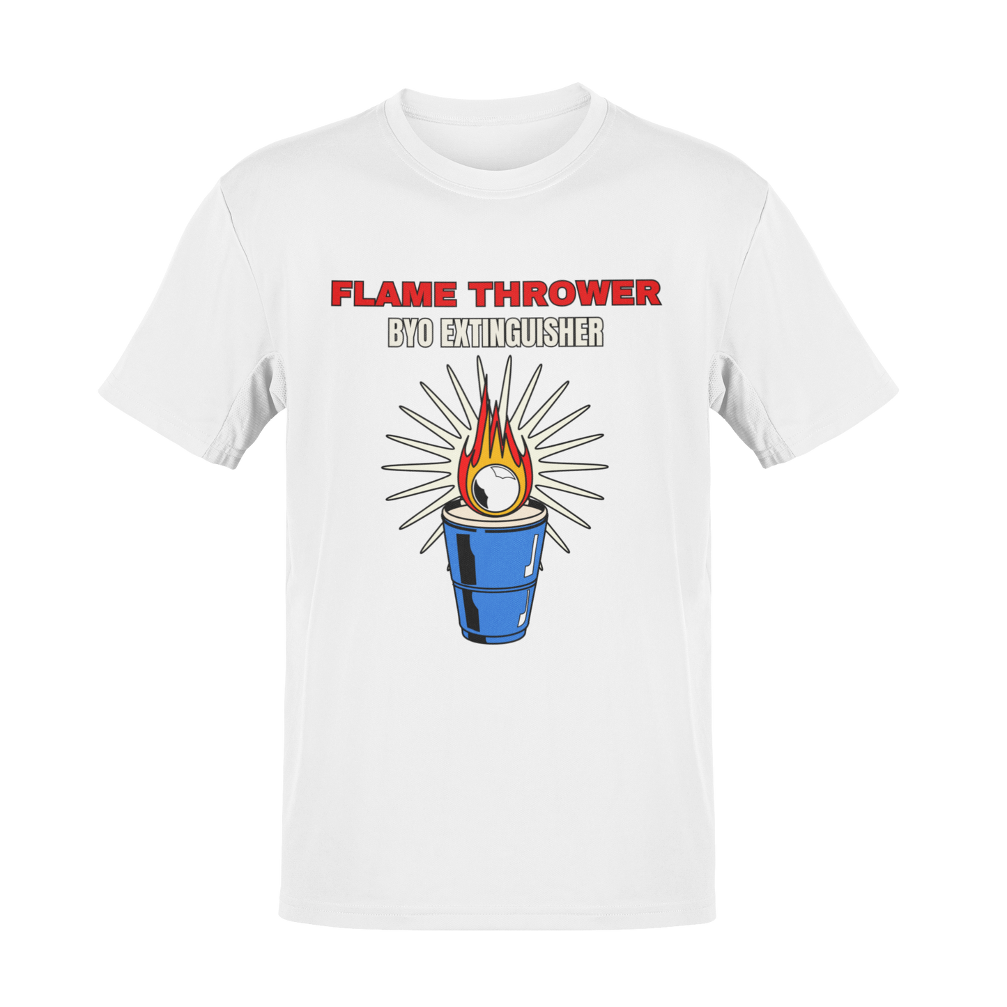 A flaming beer pong ball landing in a blue solo cup with the phrase "Flame Thrower β BYO Extinguisher" in bold lettering.