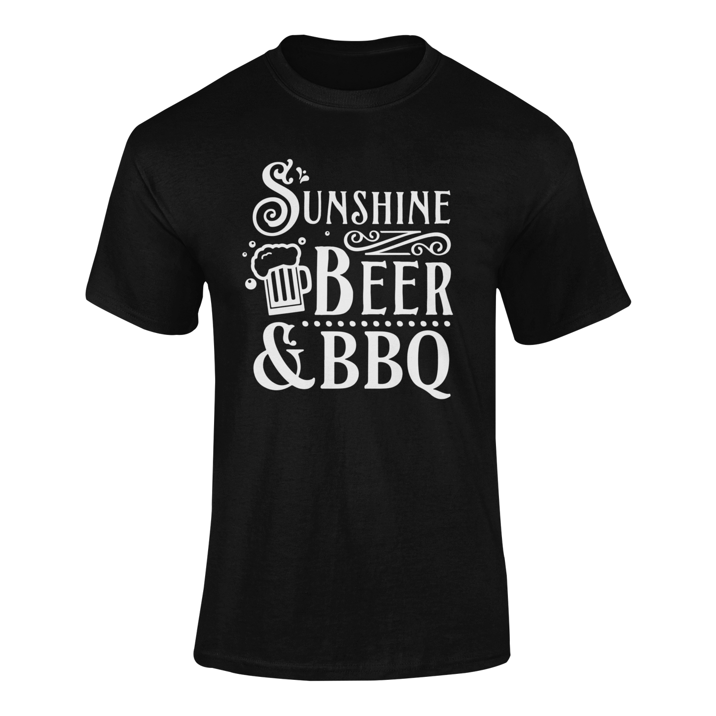 T-shirt design featuring "Sunshine, Beer & BBQ" text with a beer mug and decorative typography, perfect for BBQ and beer lovers.