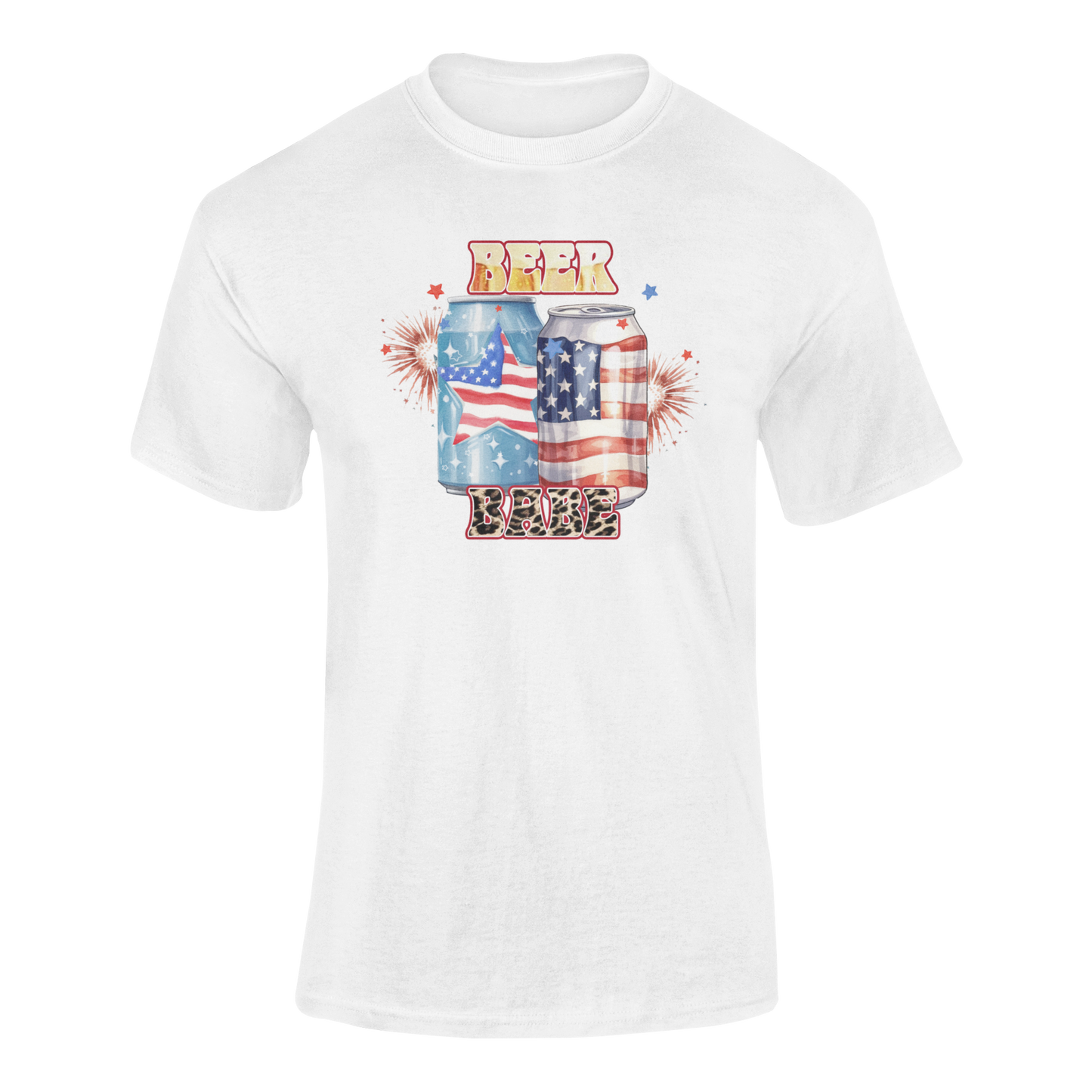 Funny 4th of July beer t-shirt for women featuring red, white & blue beer cans, fireworks, and leopard print "Beer Babe" text – perfect for patriotic beer lovers.