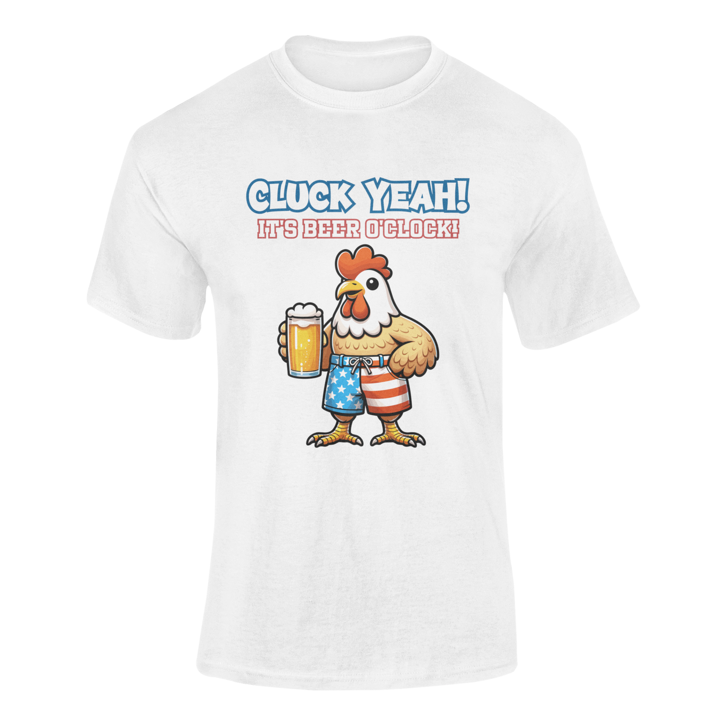 Funny 4th of July chicken drinking beer t-shirt with Cluck Yeah! It’s Beer O’Clock text. Patriotic beer lover shirt for BBQ, party, and drinking humor. Ghosted mockup.