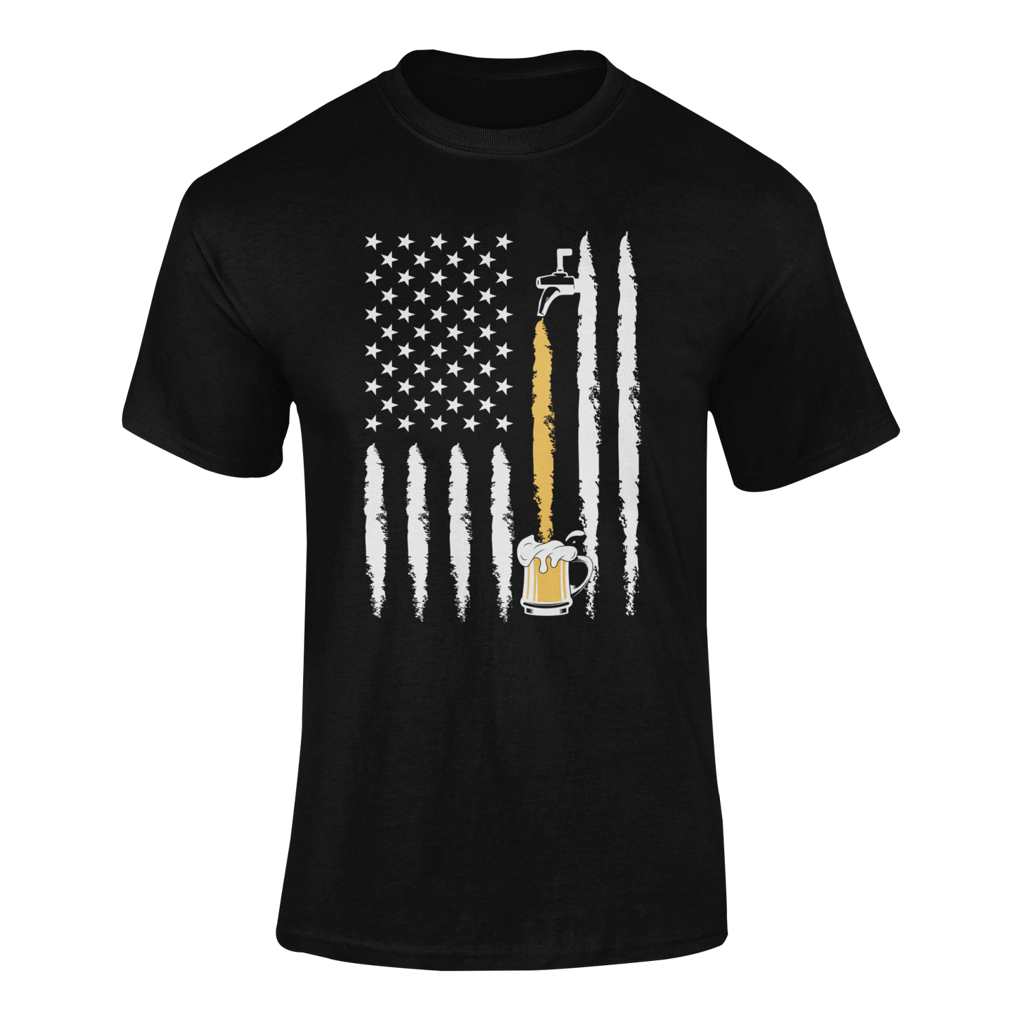 American flag beer design featuring a tap pouring a golden stream into a frothy mug, symbolizing freedom and beer culture. Ghosted mockup.
