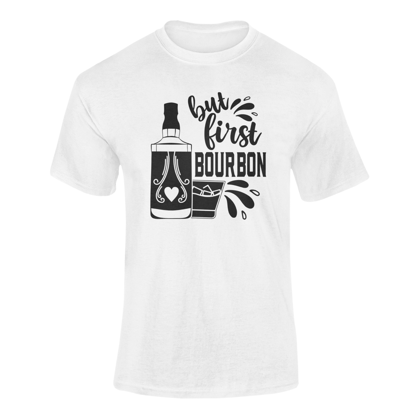 Black and white bourbon-themed design featuring a whiskey bottle, rocks glass, and the phrase "But First, Bourbon" in stylish lettering. Ghosted mockup.