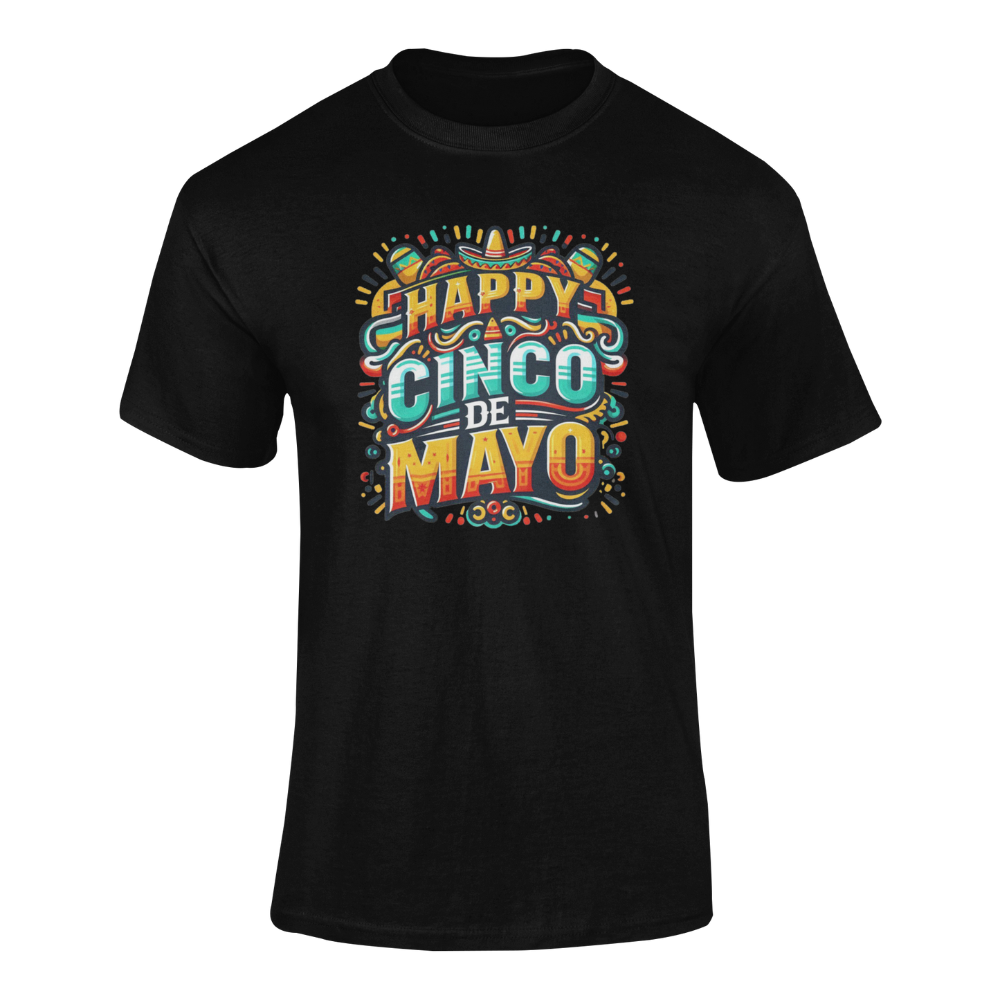 Happy Cinco de Mayo design featuring bold typography, sombrero, maracas, and fiesta-themed decorations. Ghosted mockup.