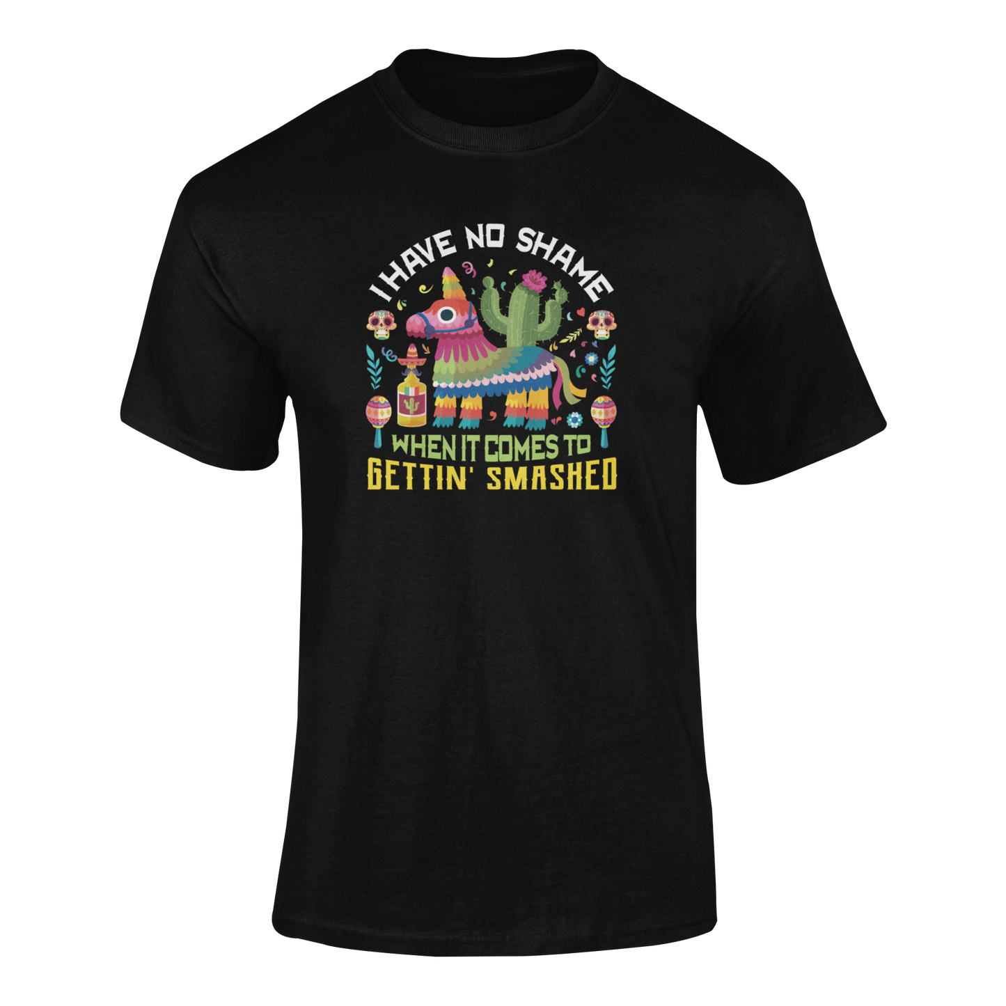 Ghosted mockup of a funny Cinco de Mayo t-shirt featuring a colorful broken piñata spilling candy and maracas.