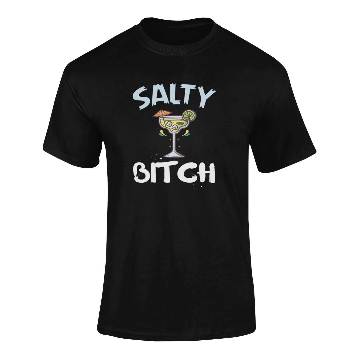 Ghosted mockup of the "Salty Bitch" t-shirt featuring a margarita glass with a lime and playful typography.
