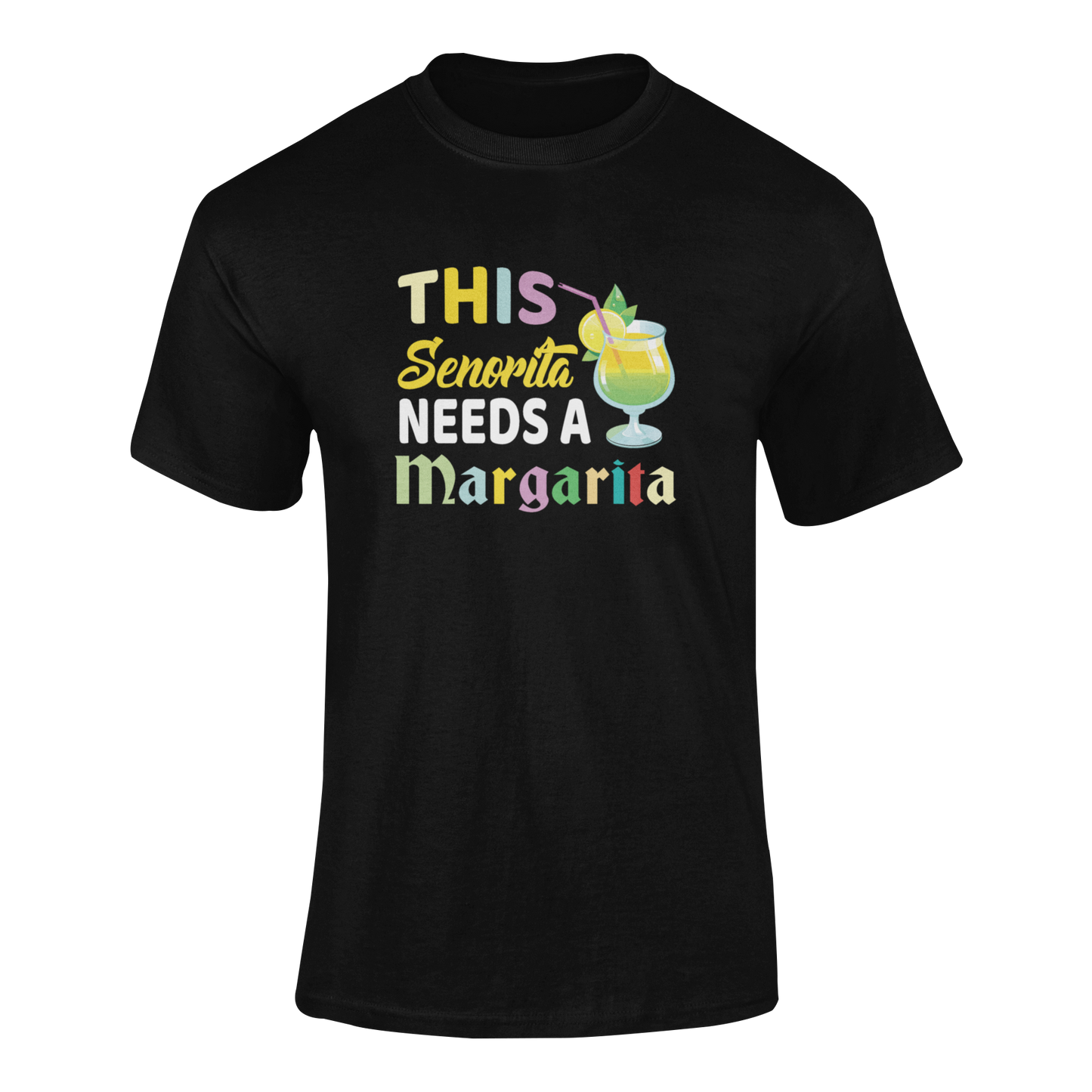 Ghosted mockup of the "This Señorita Needs a Margarita" t-shirt featuring a vibrant margarita glass and colorful typography.