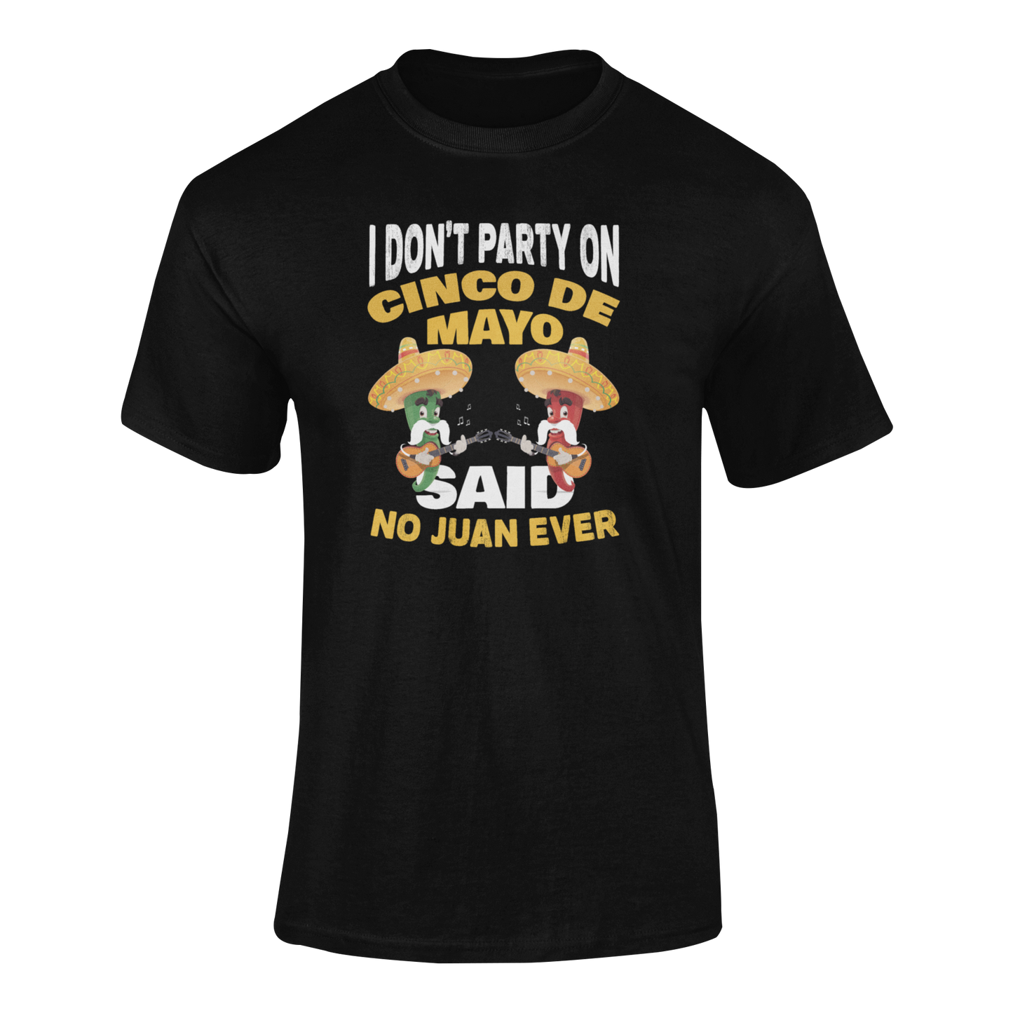 Ghosted mockup of the "No Juan Ever Cinco de Mayo" t-shirt featuring two chili peppers in sombreros playing guitars.