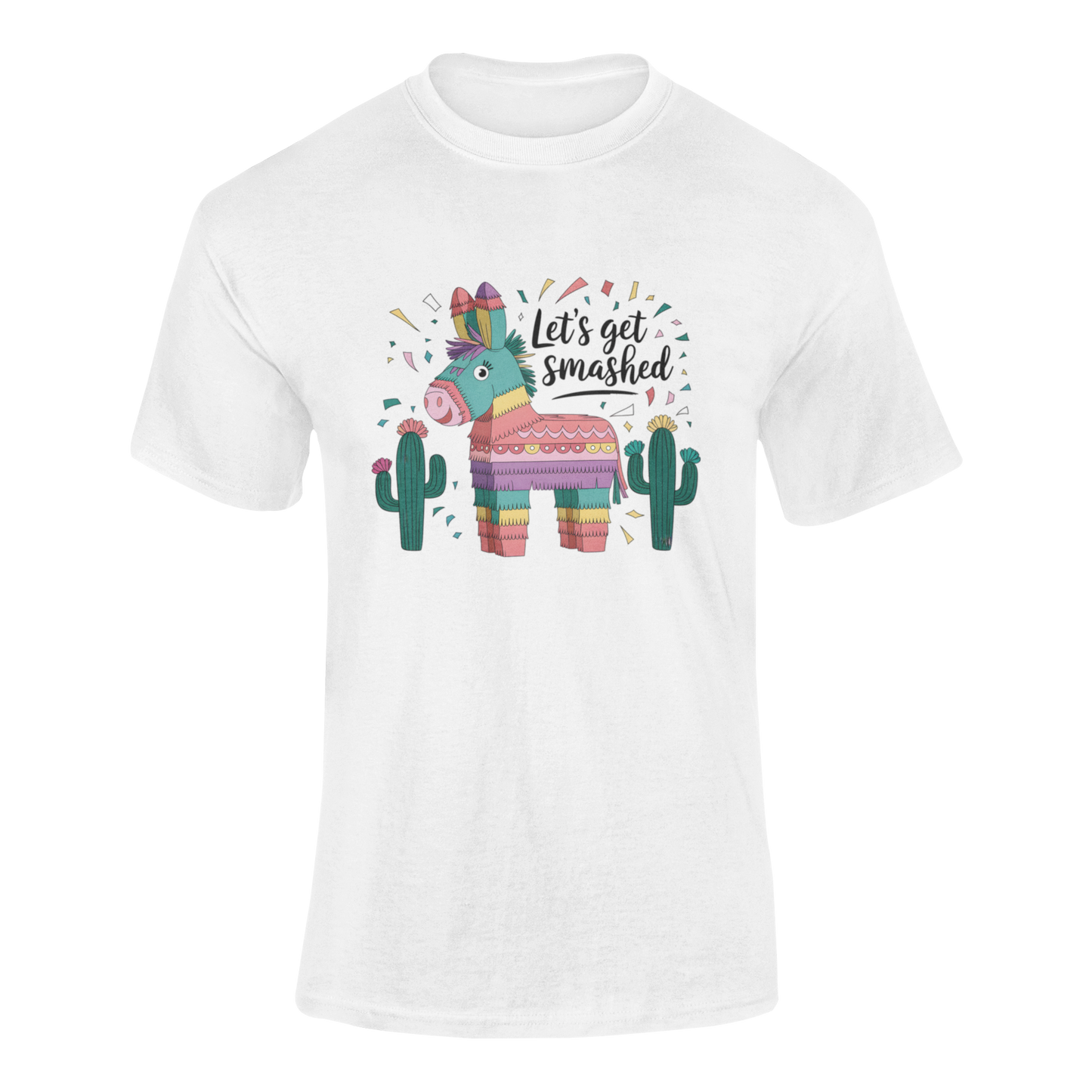 A ghosted mockup of the "Let's Get Smashed" t-shirt, featuring a colorful piñata, cacti, and confetti.