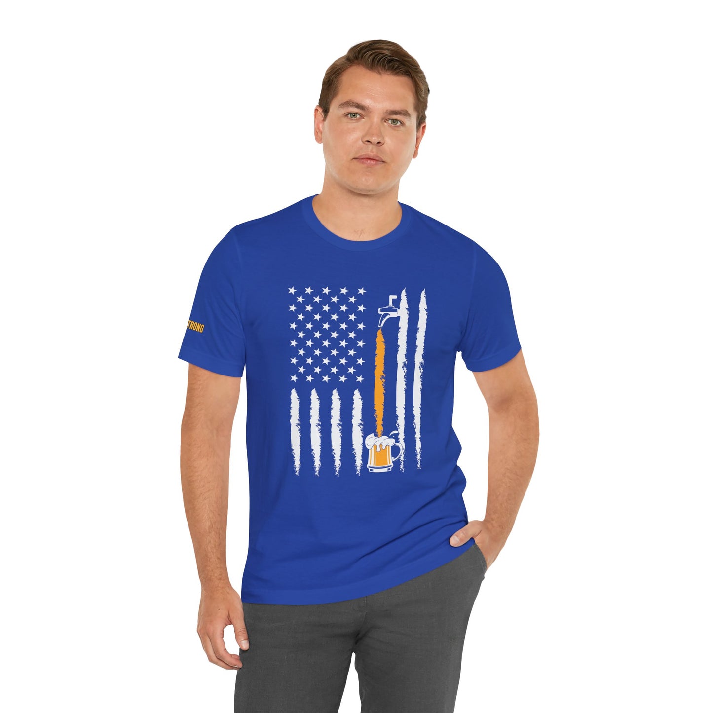 American flag beer design featuring a tap pouring a golden stream into a frothy mug, symbolizing freedom and beer culture. In royal.