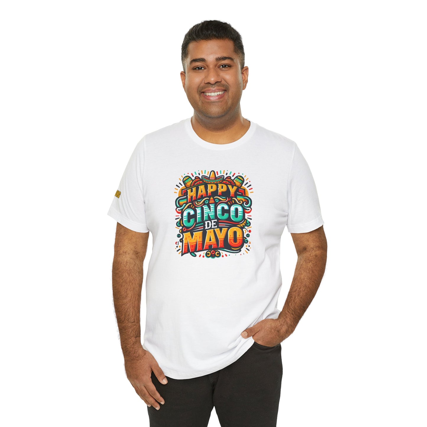 Happy Cinco de Mayo graphic tee featuring a festive design with sombrero and maracas. Available in multiple colors and plus sizes.