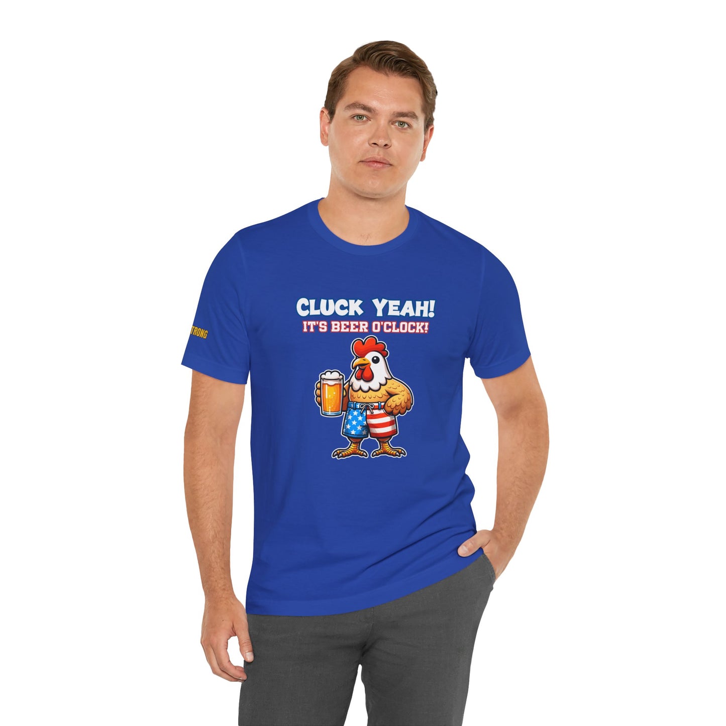 Funny 4th of July chicken drinking beer t-shirt with Cluck Yeah! It’s Beer O’Clock text. Patriotic beer lover shirt for BBQ, party, and drinking humor. in Royal.