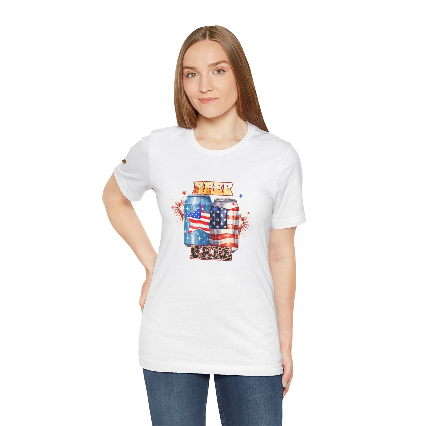 Funny 4th of July beer t-shirt for women featuring red, white & blue beer cans, fireworks, and leopard print "Beer Babe" text – perfect for patriotic beer lovers. Here in white.