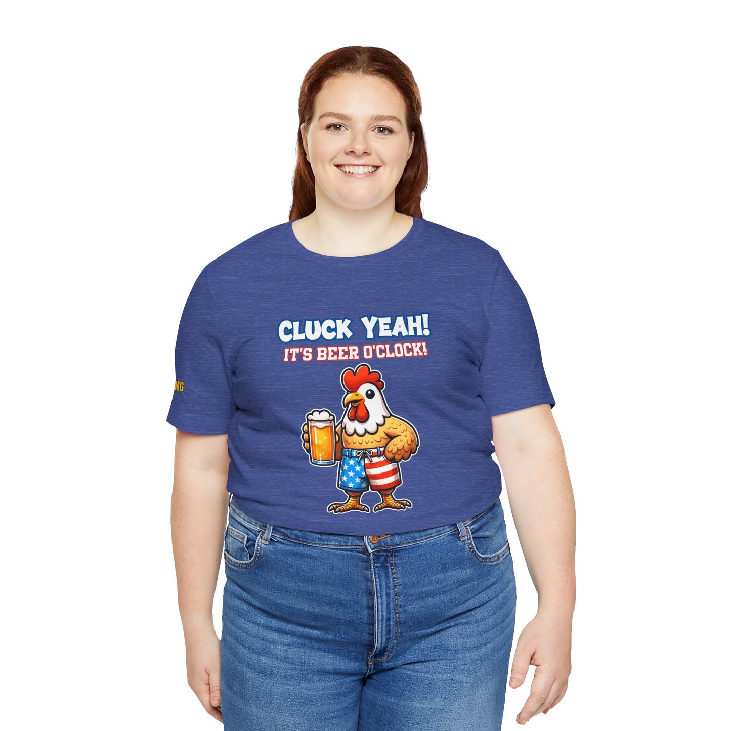 Funny 4th of July chicken drinking beer t-shirt with Cluck Yeah! It’s Beer O’Clock text. Patriotic beer lover shirt for BBQ, party, and drinking humor. Available in plus sizes.
