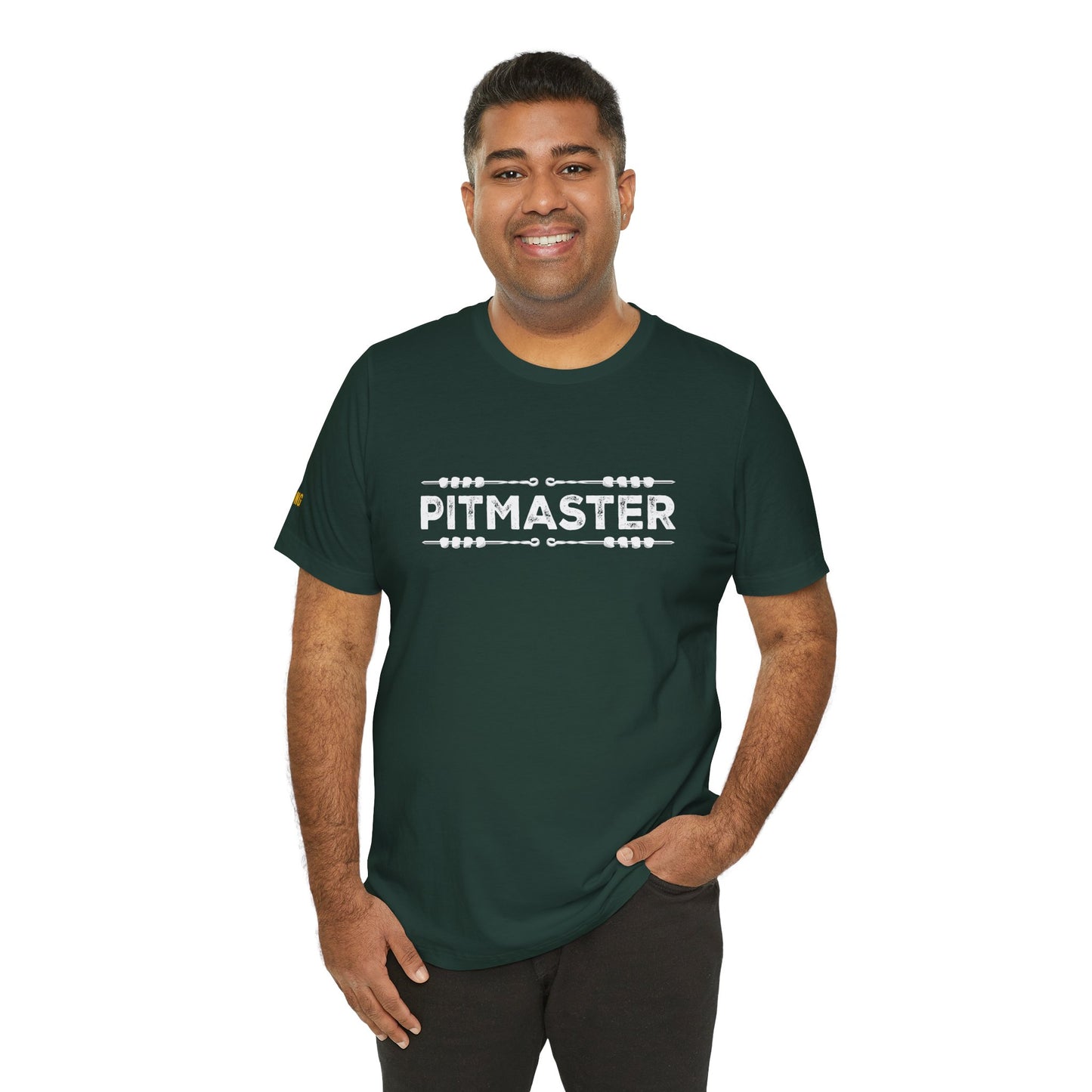 A bold Pitmaster BBQ t-shirt design featuring distressed lettering and skewers, perfect for grill masters, BBQ lovers, and smokehouse pros.