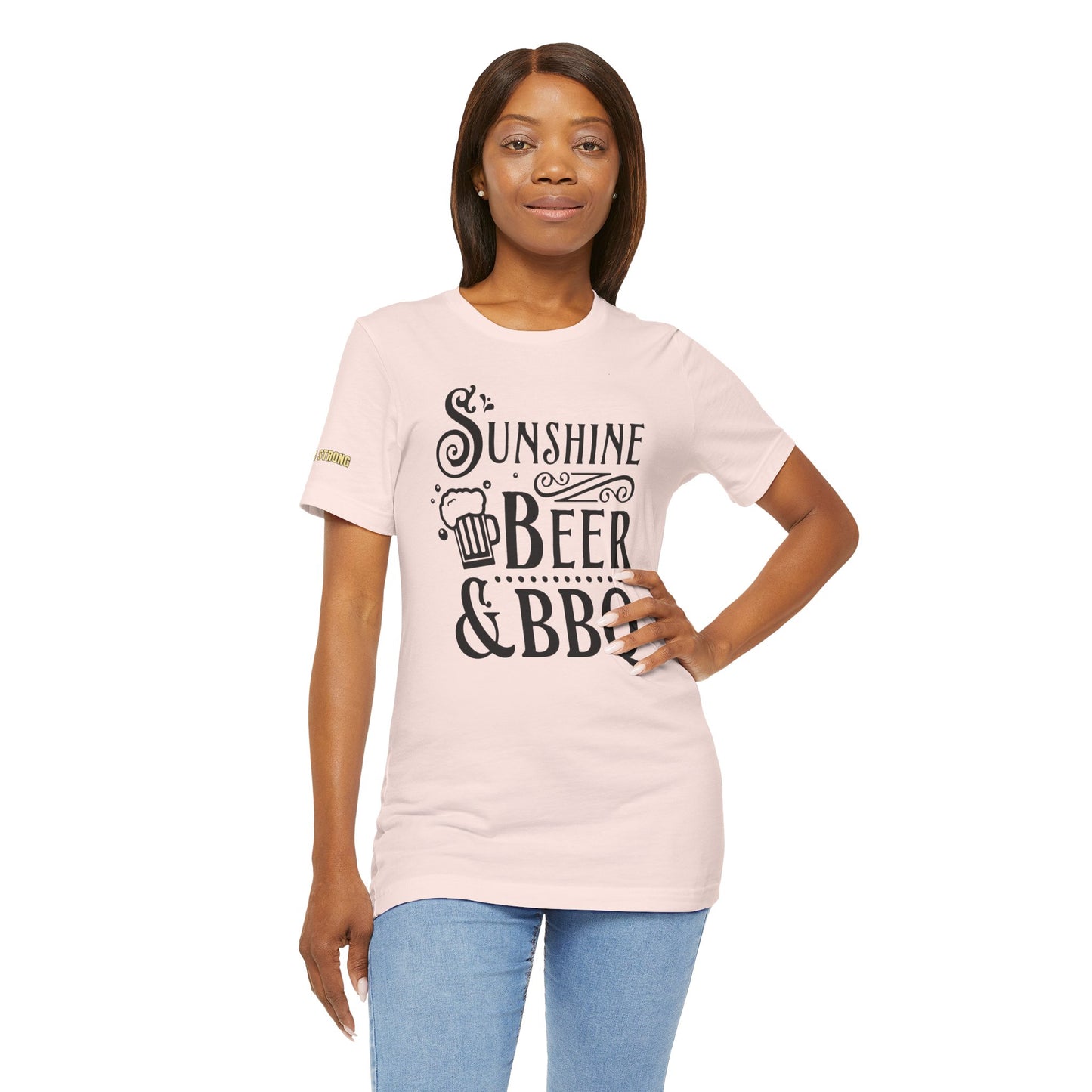 T-shirt design featuring "Sunshine, Beer & BBQ" text with a beer mug and decorative typography, perfect for BBQ and beer lovers.