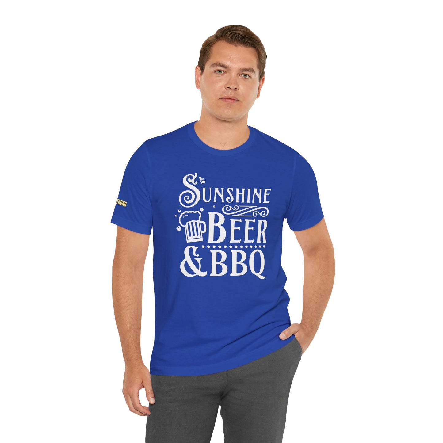 T-shirt design featuring "Sunshine, Beer & BBQ" text with a beer mug and decorative typography, perfect for BBQ and beer lovers.