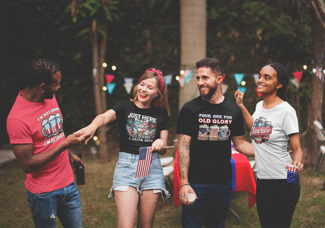 Group of friends wearing Beer Strong 4th of July tees at a patriotic party, featuring funny drinking shirts and American flag vibes.