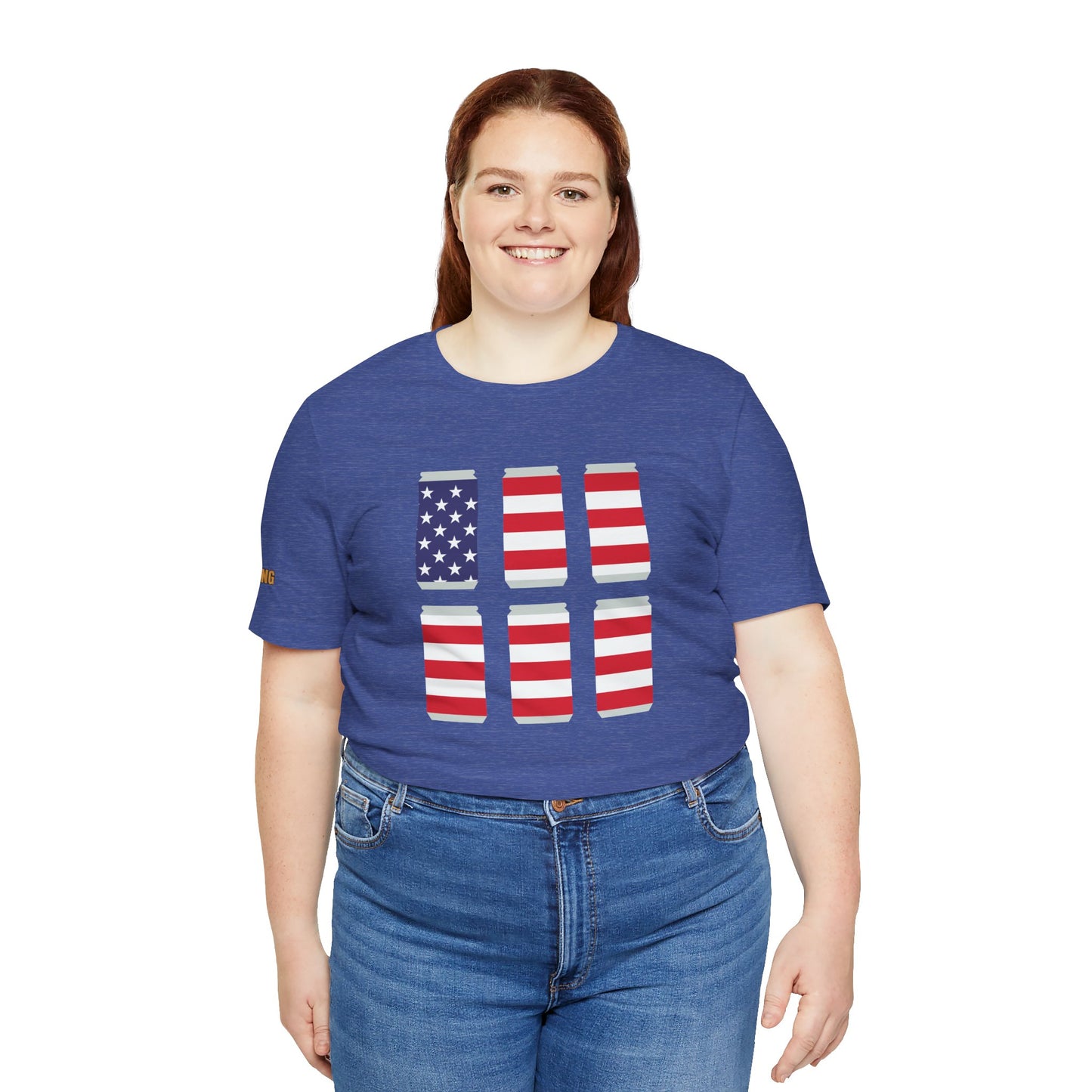 Funny 4th of July beer t-shirt featuring six patriotic beer cans decorated with American flag stripes and stars – perfect for beer lovers and Independence Day parties. Available in plus sizes.