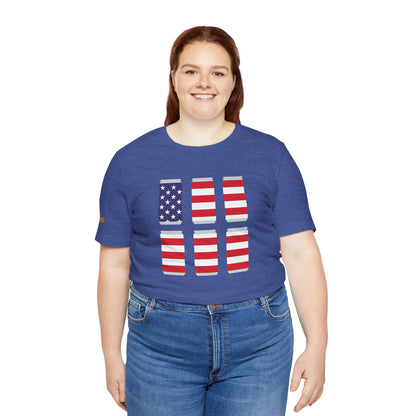 Funny 4th of July beer t-shirt featuring six patriotic beer cans decorated with American flag stripes and stars – perfect for beer lovers and Independence Day parties. Available in plus sizes.