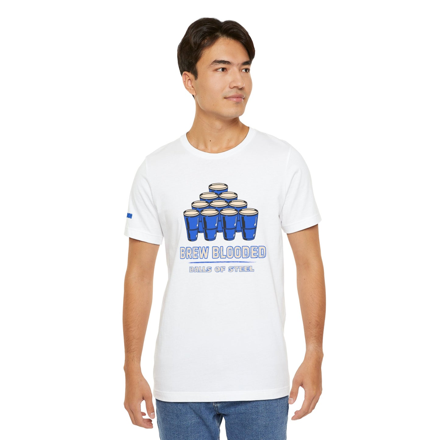 Beer pong t-shirt featuring a pyramid of blue cups with bold text reading "Brew Blooded – Balls of Steel."