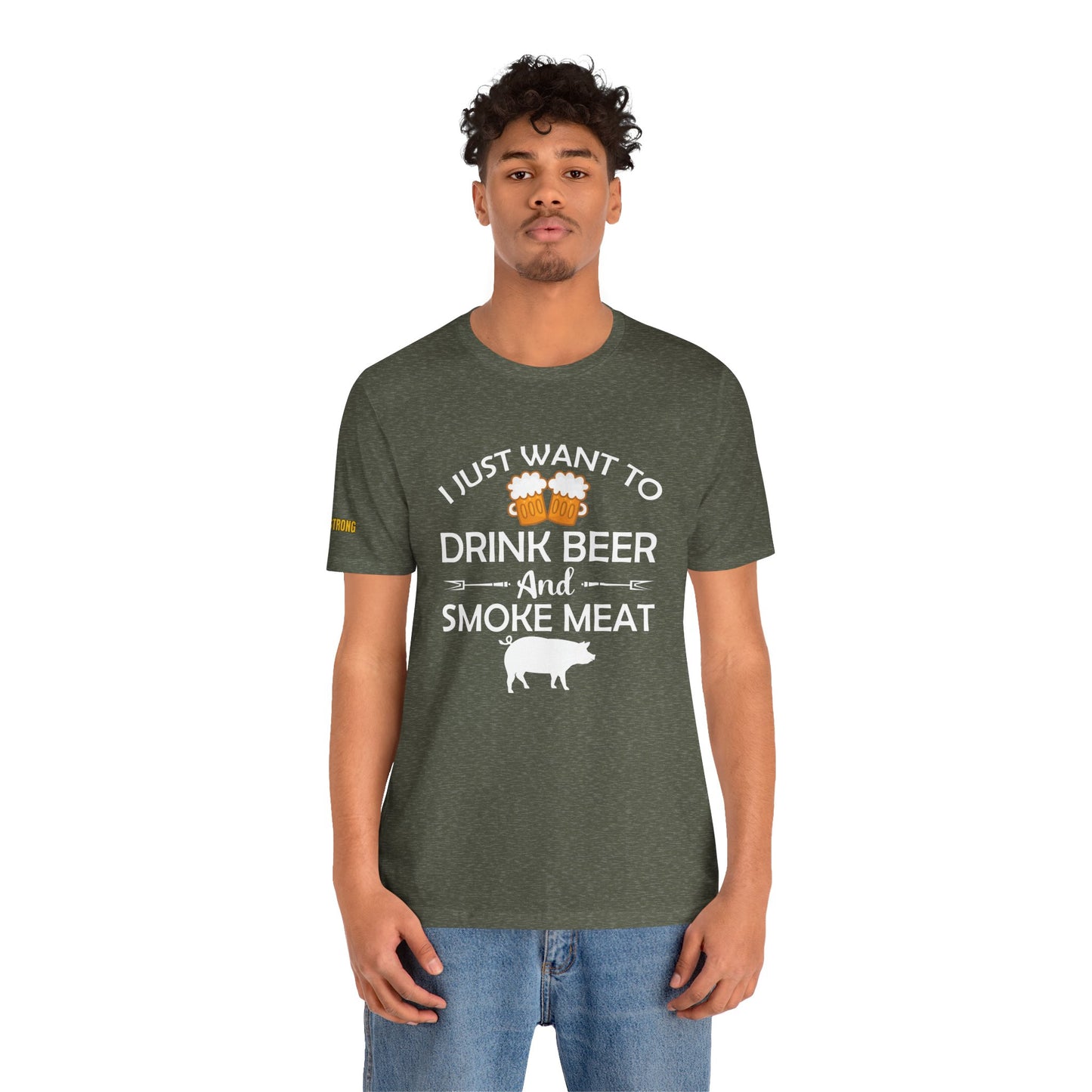 Beer and BBQ-themed t-shirt featuring "Drink Beer & Smoke Meat" with a smoker and grilling elements.