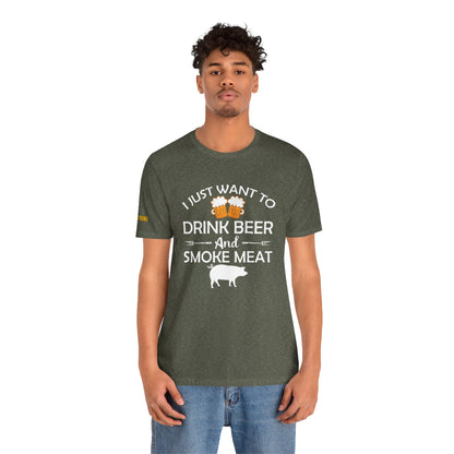 Beer and BBQ-themed t-shirt featuring "Drink Beer & Smoke Meat" with a smoker and grilling elements.