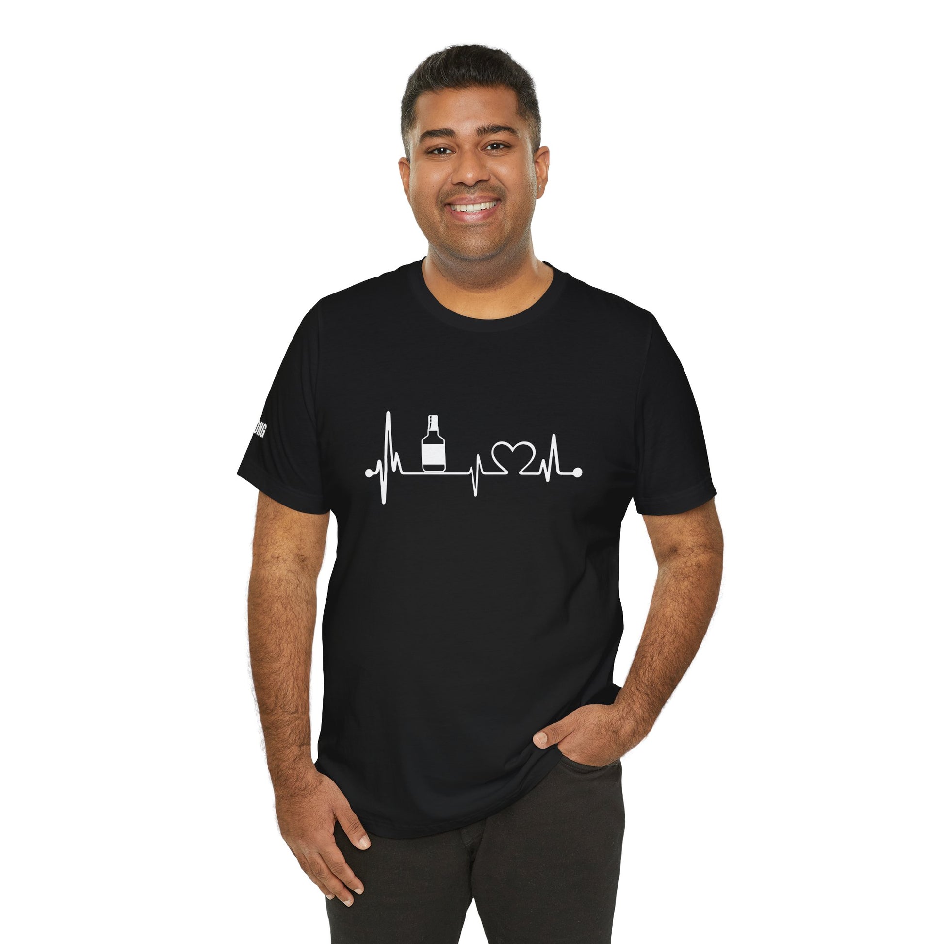 Model wearing the "Vodka Heartbeat" t-shirt, available in multiple colors and plus sizes, perfect for bartenders, drink lovers, and happy hour fans.