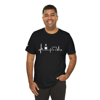 Model wearing the "Vodka Heartbeat" t-shirt, available in multiple colors and plus sizes, perfect for bartenders, drink lovers, and happy hour fans.