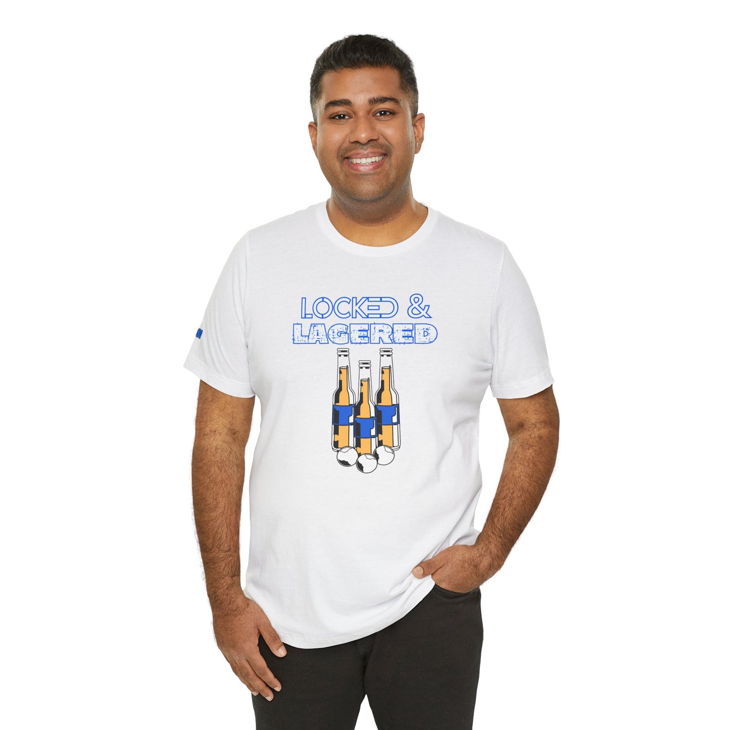 Funny Locked & Lagered beer pong t-shirt featuring beer bottles with holsters and pong balls, perfect for BBQs, tailgates, house parties, and drinking teams.