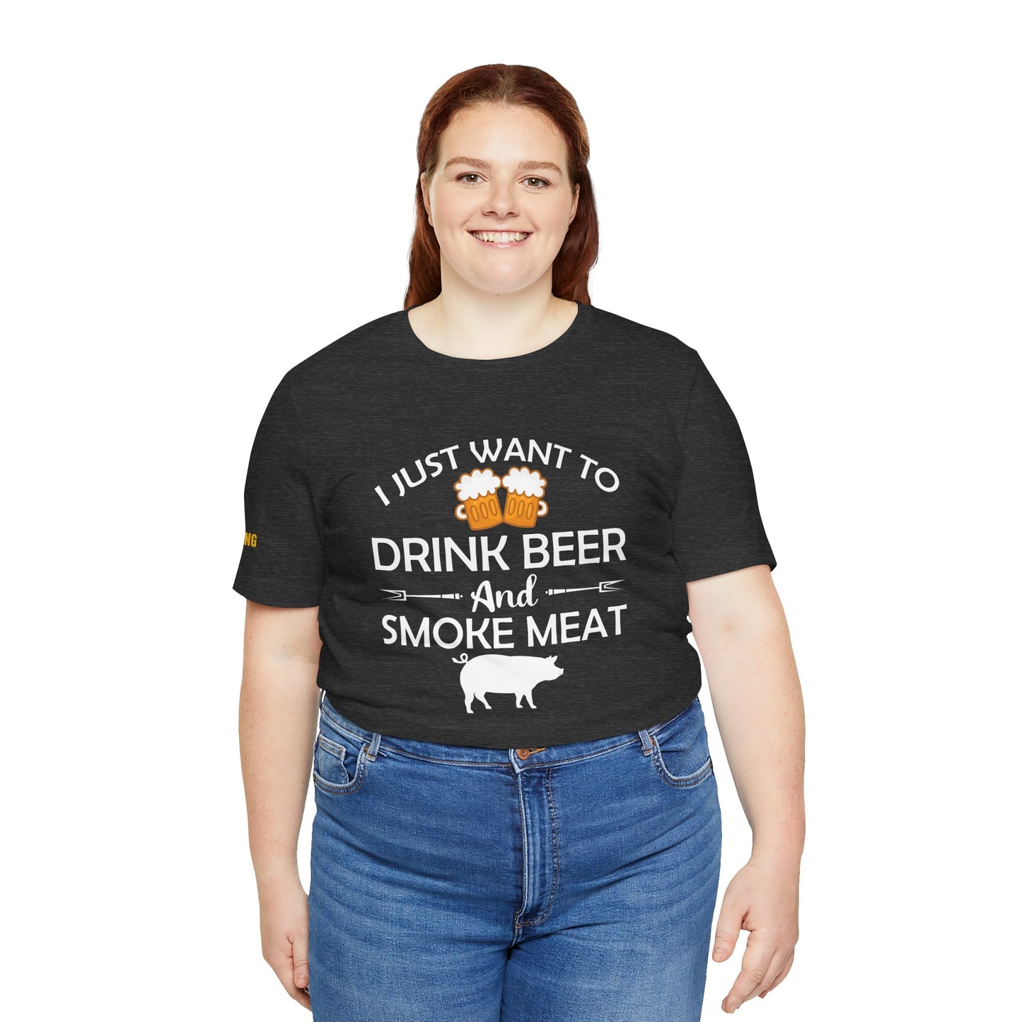Beer and BBQ-themed t-shirt featuring "Drink Beer & Smoke Meat" with a smoker and grilling elements. Available in plus sizes.