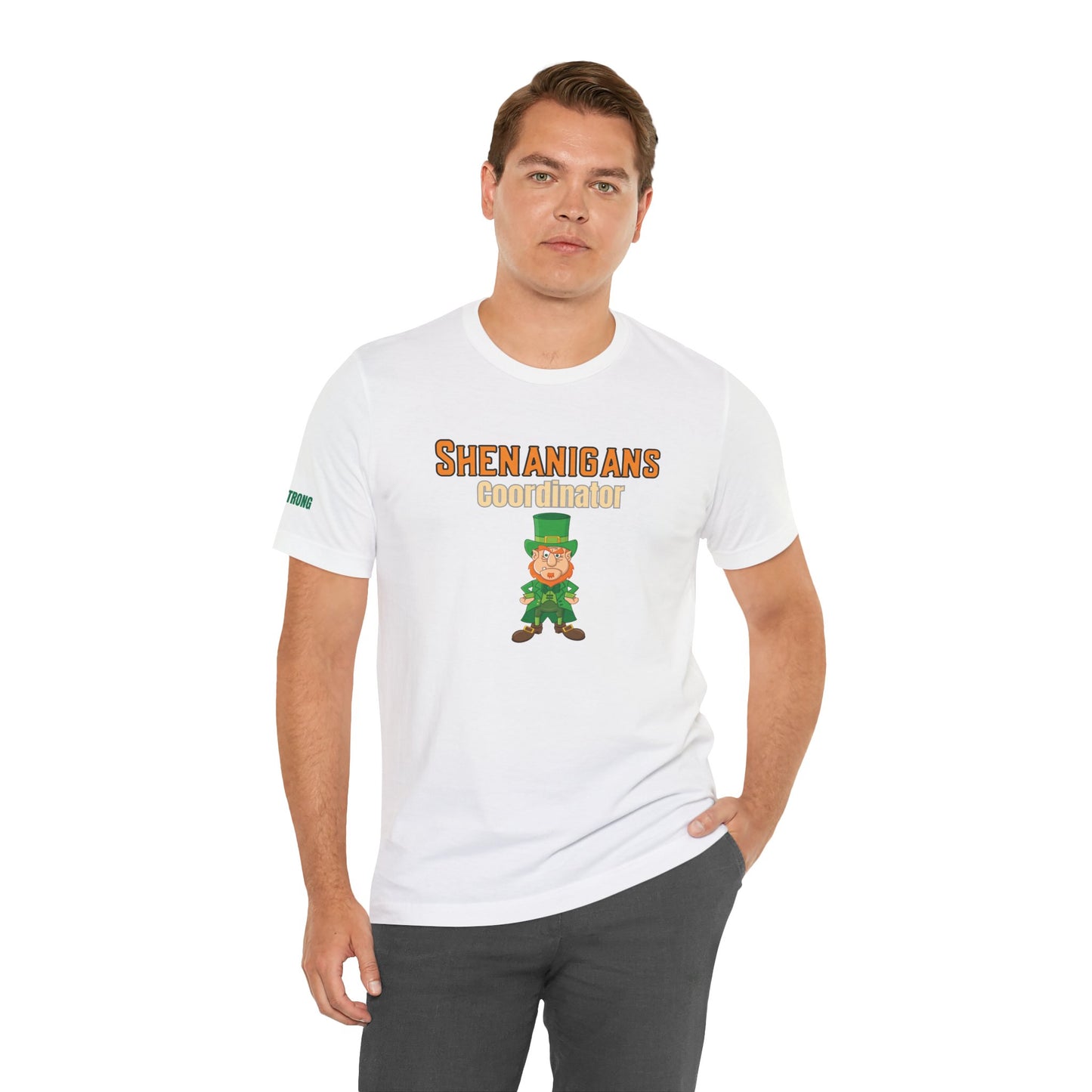 Funny St. Patrick’s Day t-shirt featuring a cartoon leprechaun with a tough-guy stance and bold text that reads “Shenanigans Coordinator.” A funny Irish drinking tee for party organizers and pub crawl champions.