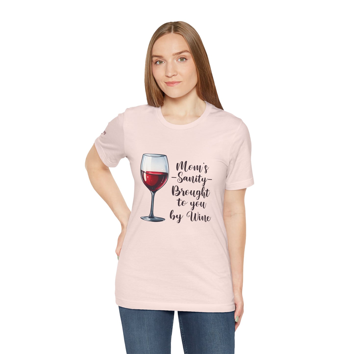 Illustration of a realistic glass of red wine with the phrase "Mom’s Sanity – Brought to You by Wine" in elegant script. A funny and relatable t-shirt design for wine-loving moms.
