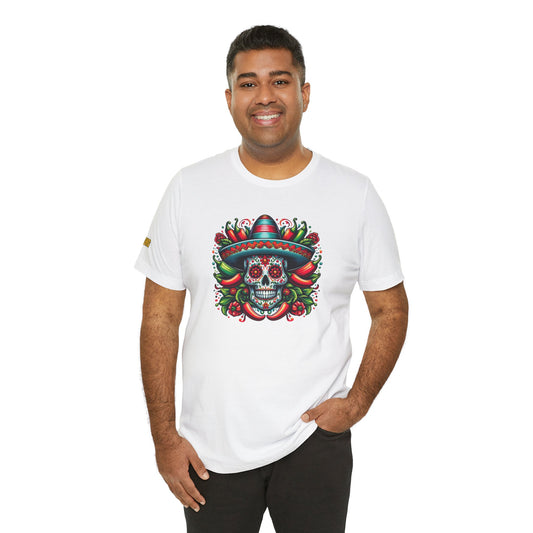 Spicy Cinco de Mayo sugar skull tee featuring a bold chili pepper and sombrero design. Available in multiple colors and plus sizes.