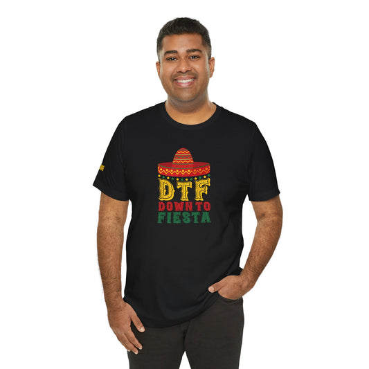 Model wearing the "DTF - Down to Fiesta" t-shirt, available in multiple colors and plus sizes, perfect for party lovers and Cinco de Mayo celebrations.