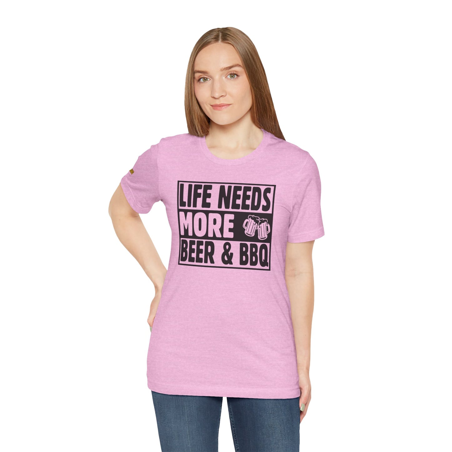 Life Needs More Beer & BBQ t-shirt design featuring bold typography with a playful barbecue and beer theme - in Pink.